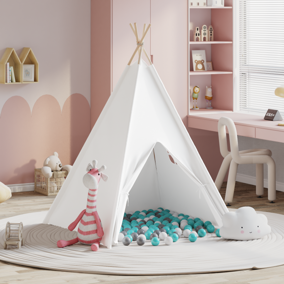 VIDAXL Tente Teepee pour enfants avec sac couleur pêche et balles de jeu en blanc