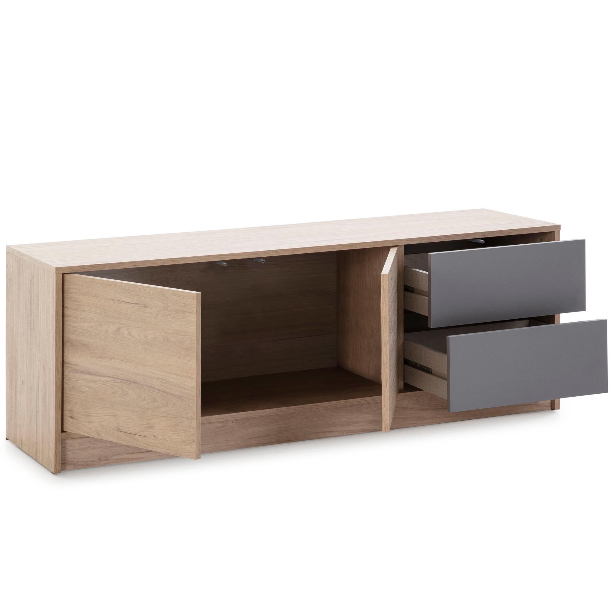 Voir la diapositive 2 : VS VENTA-STOCK Meuble TV Panama 2 tiroirs, 2 Portes, Couleur Bois et Gris, 136 cm (Largeur)