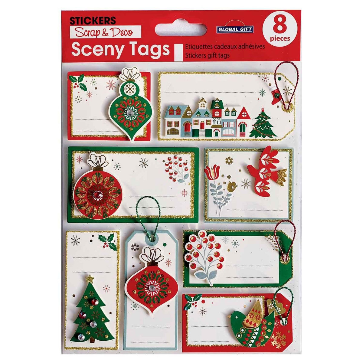 GLOBAL GIFT 8 étiquettes cadeaux autocollantes - Boules de Noël