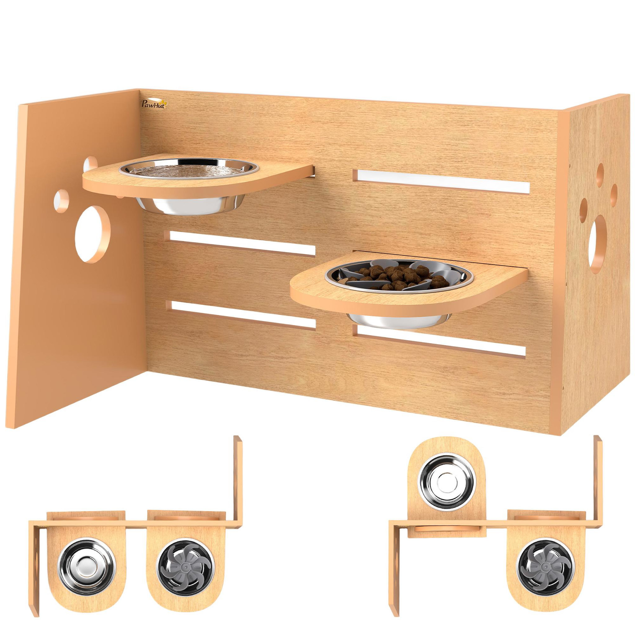 Voir la diapositive 4 : PAWHUT Porte-gamelles modulable réglable écuelles incluses idéal pour 2 chiens aspect bois acier inox