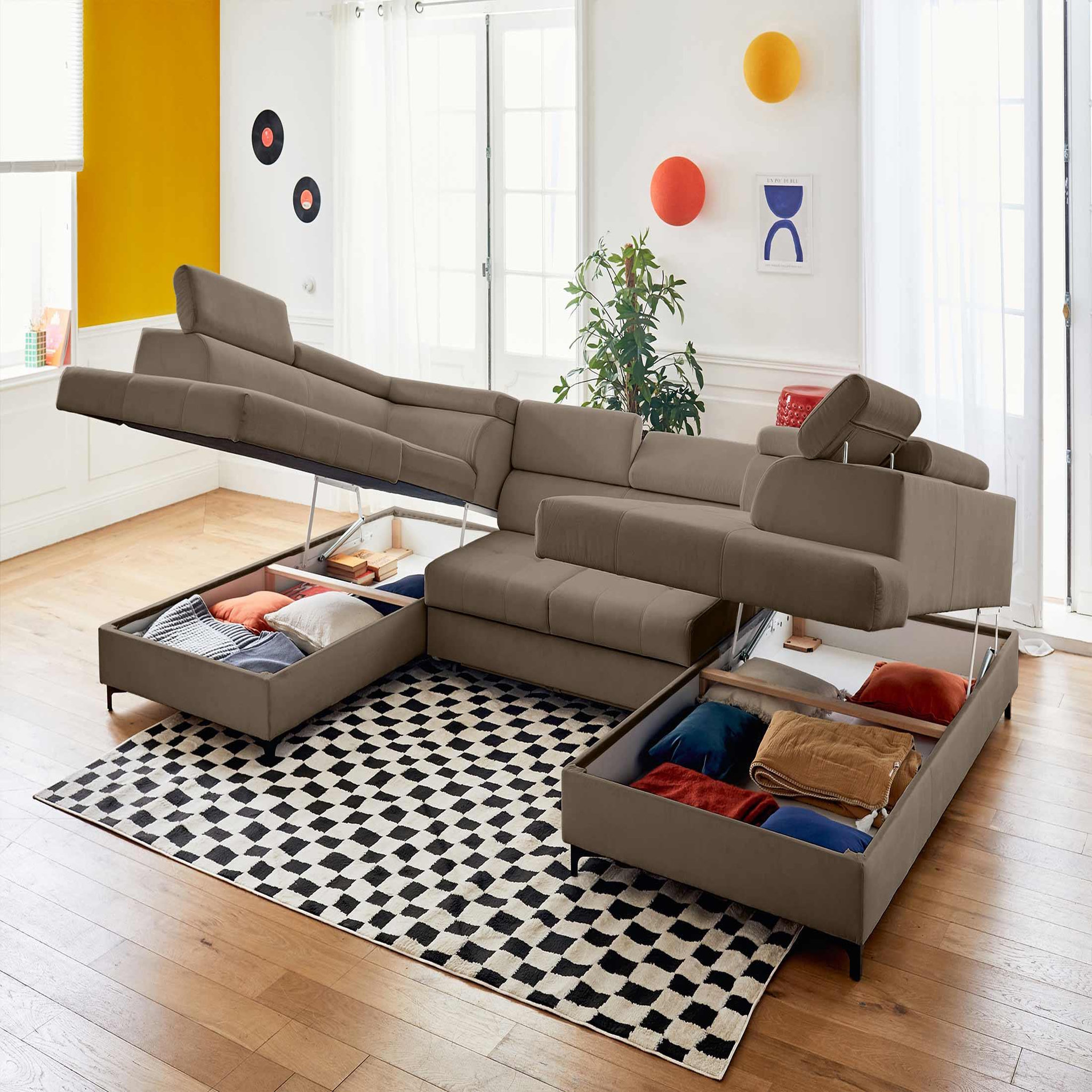 Voir la diapositive 2 : LISA DESIGN Merida - canapé panoramique en u - 7 places - convertible avec coffres et têtières réglables - en velours