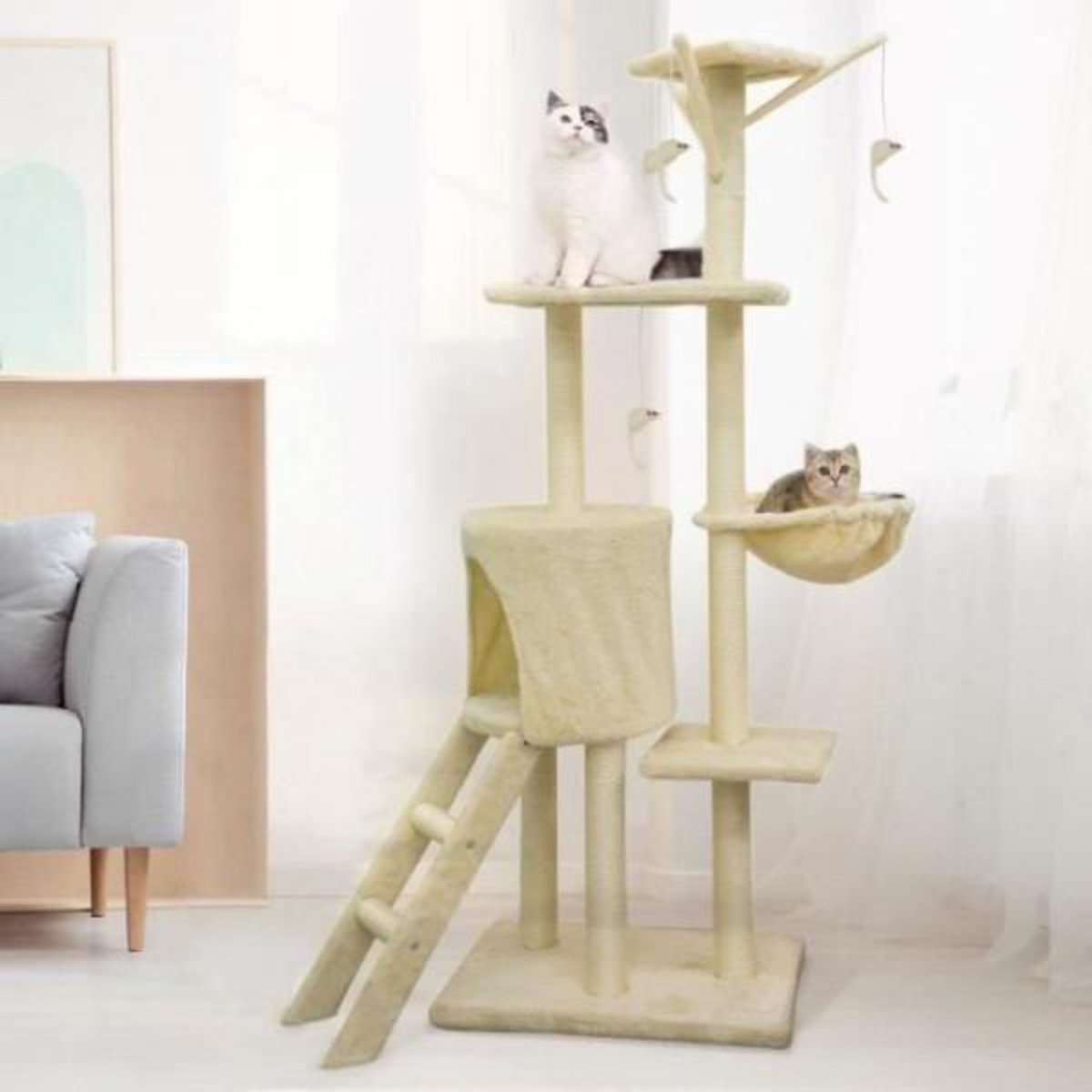 MARKET24 JIPSY Arbre a chat beige 79 x 34 x 138 cm - 3 plateformes, 1 perchoir, 1 niche, 1 escalier, poteaux a griffer