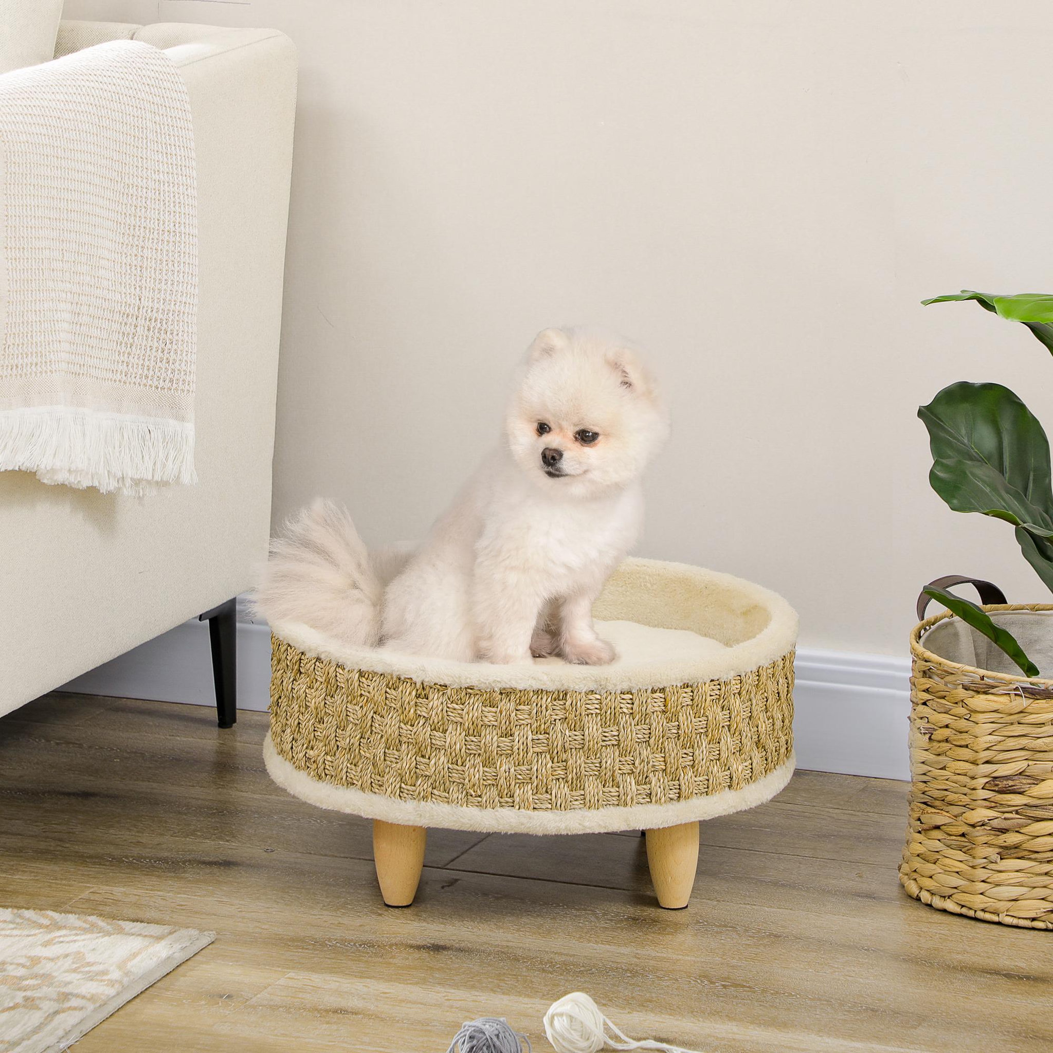 Voir la diapositive 2 : PAWHUT Canapé panier lit chien chat style cosy naturel - coussin inclus - dim. Ø 48 x 24,5h cm - bois pin jonc de mer