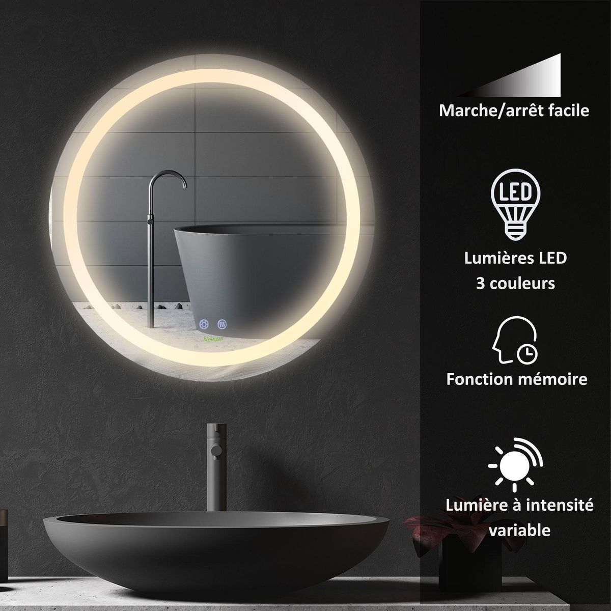 KLEANKIN Miroir salle de bain lumineux LED 35 W - dim. Ø 60 x 4H cm - fonction anti-buée, interrupteur tactile, luminosité réglable - alu. verre