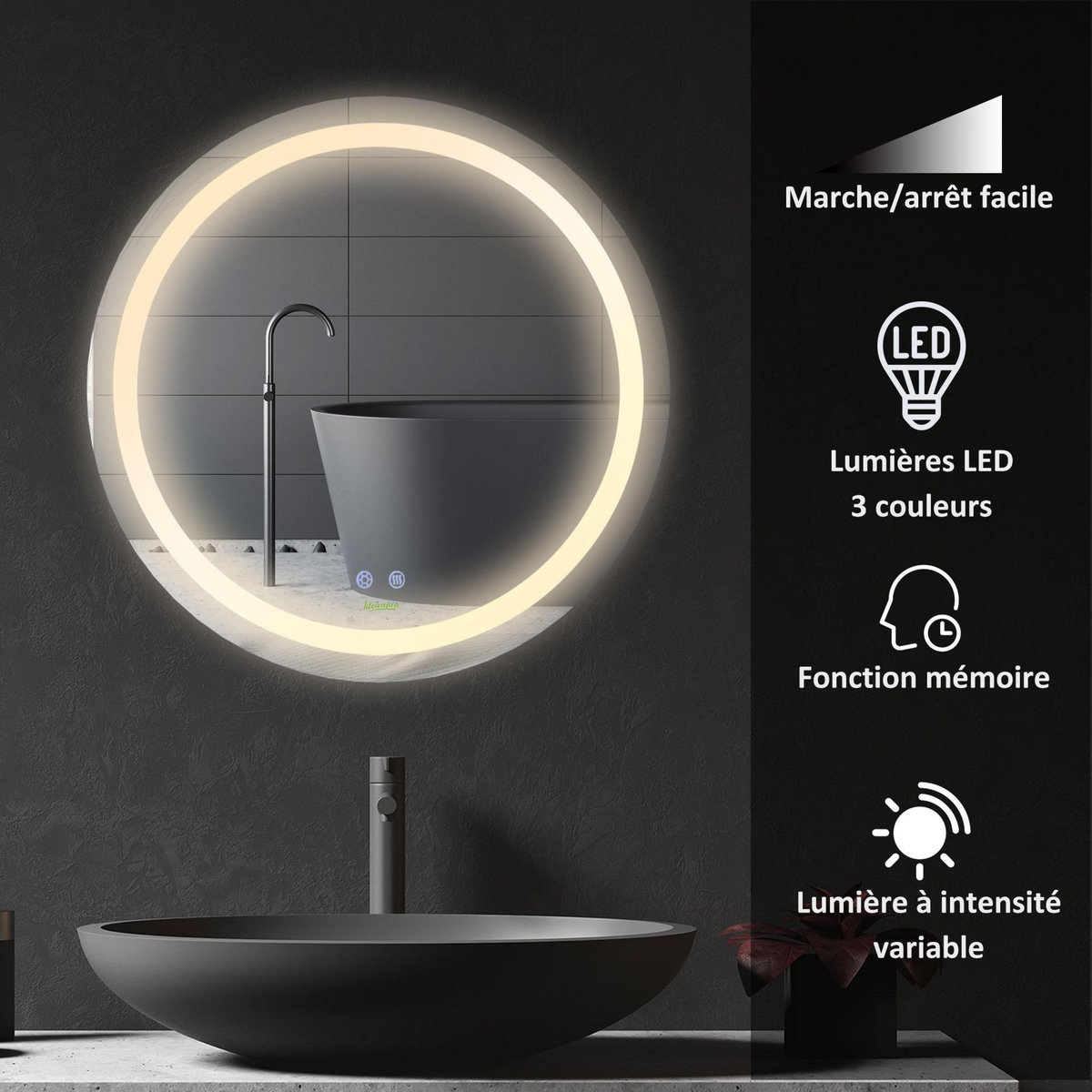 KLEANKIN Miroir salle de bain lumineux LED 35 W - dim. Ø 60 x 4H cm - fonction anti-buée, interrupteur tactile, luminosité réglable - alu. verre
