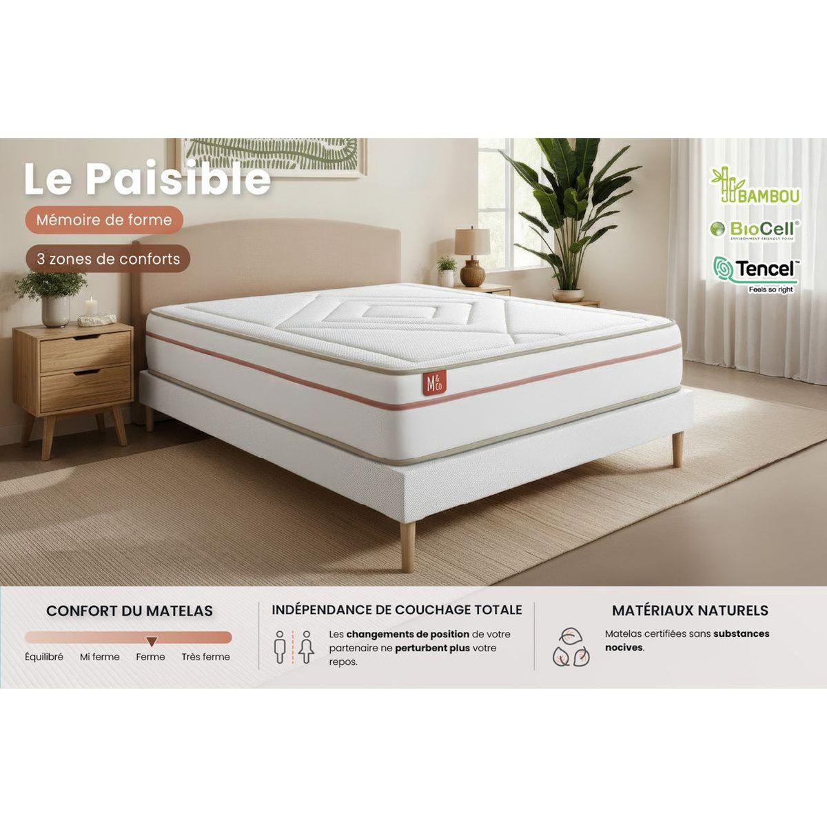 MARMOTTES&CO Pack prêt à dormir matelas LE PAISIBLE 200x200cm Mémoire de forme BioVisco + double sommiers Beige + 2 oreillers + couette