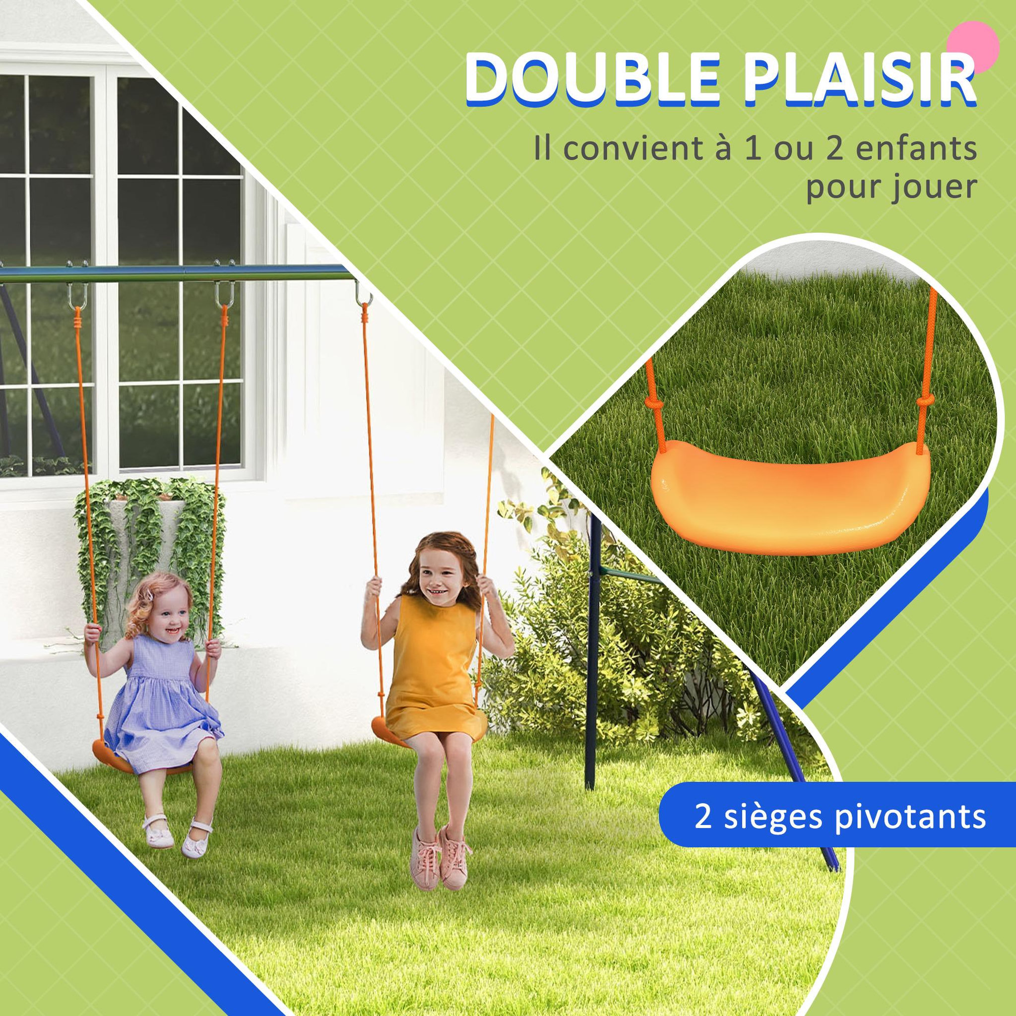 Voir la diapositive 5 : OUTSUNNY Balançoire 2 agrès portique avec 2 balançoires dim. 2,69L x 1,6l x 1,8H m métal époxy anticorrosion vert bleu PP orange