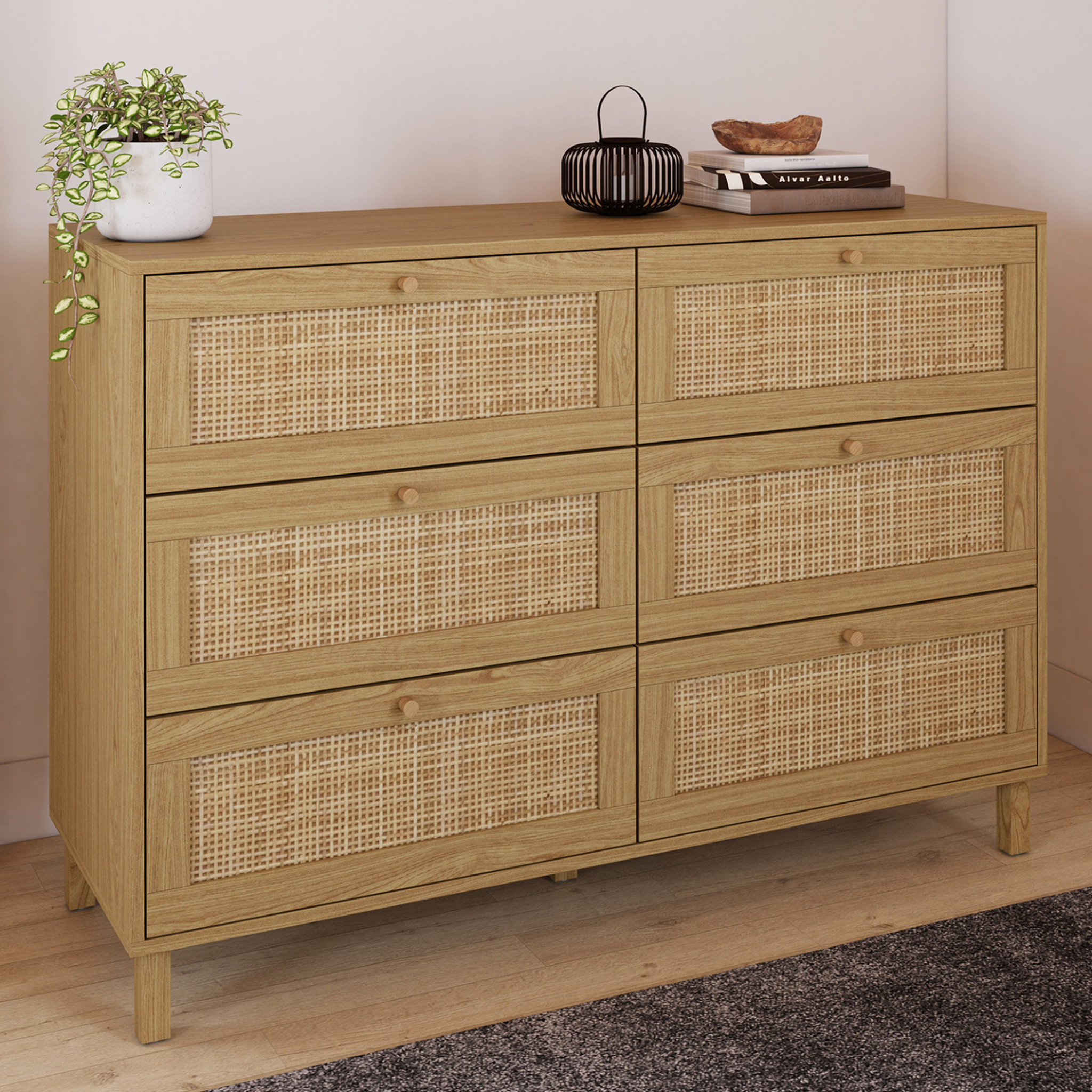 Voir la diapositive 2 : ID MARKET Commode 6 tiroirs hanae 115 cm effet naturel cannage