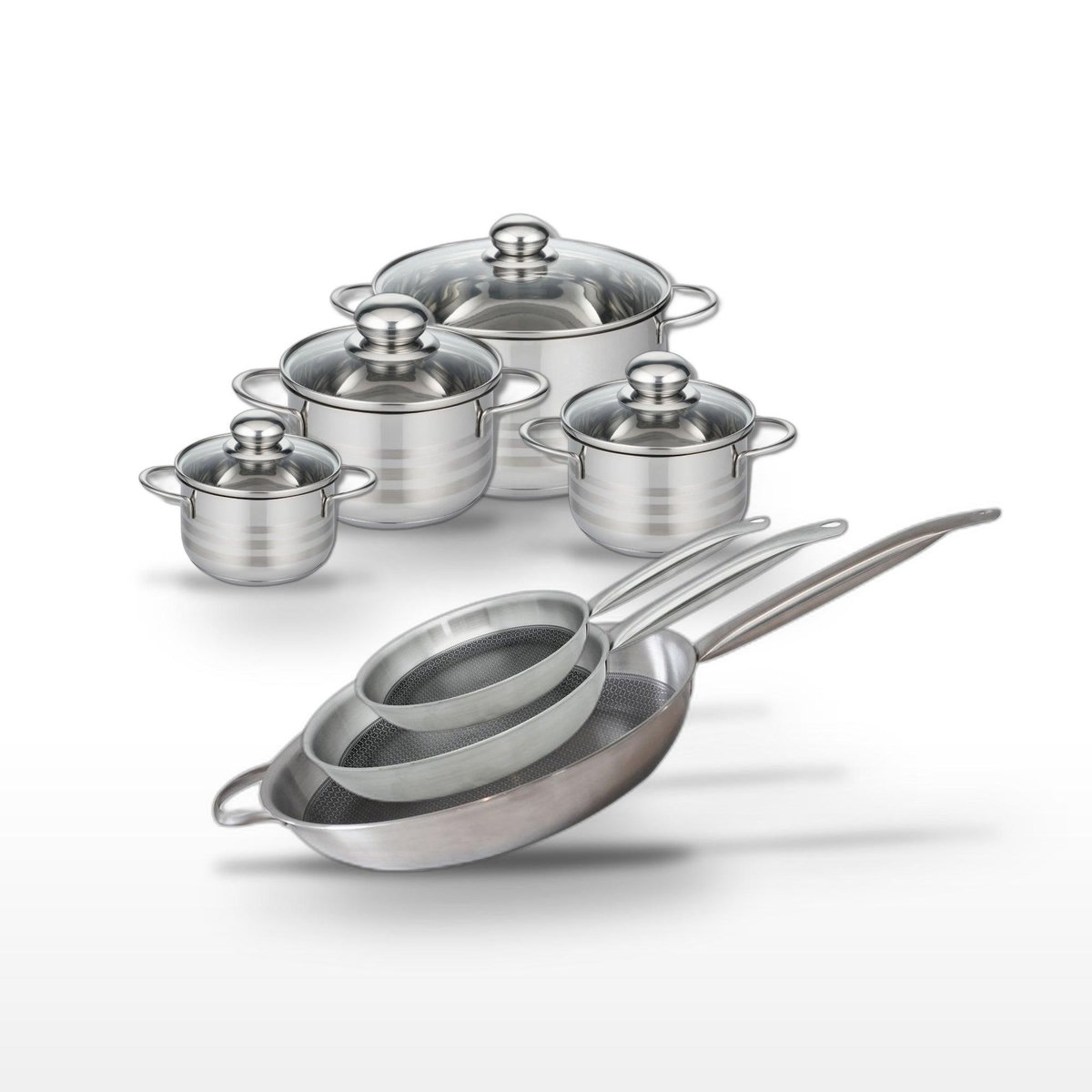 ELO Lot de 3 Poêles 24/28/32 cm et 4 Faitouts 12/14/16/24 cm Elo Relief Solution