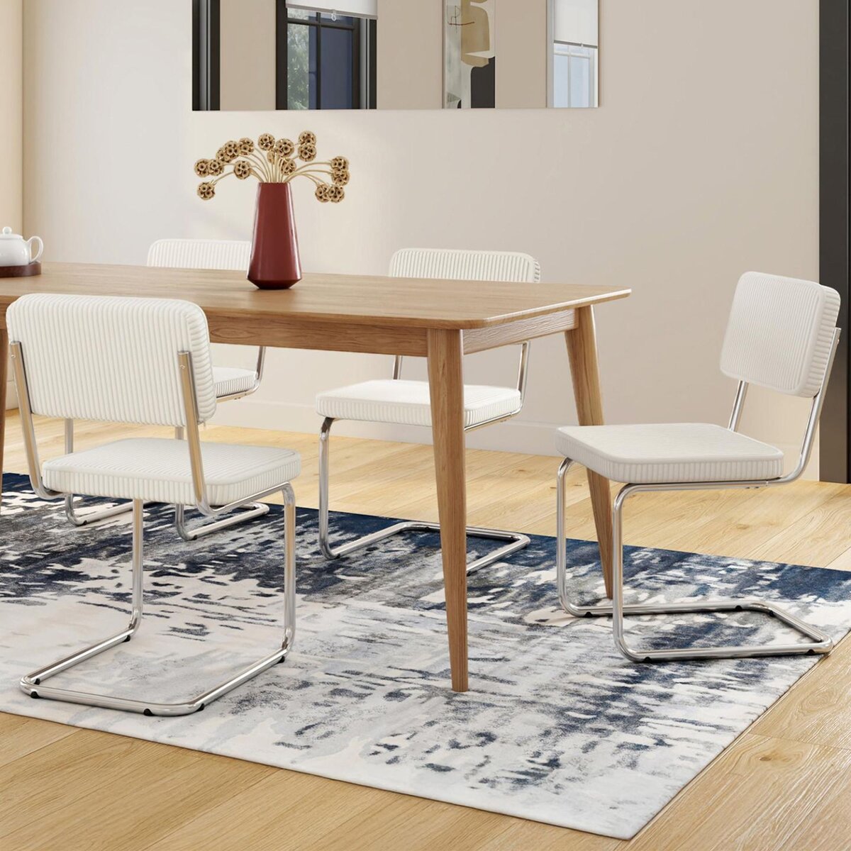 ID MARKET Lot de 4 chaises cantilever NAHE en velours côtelé beige et pied métal