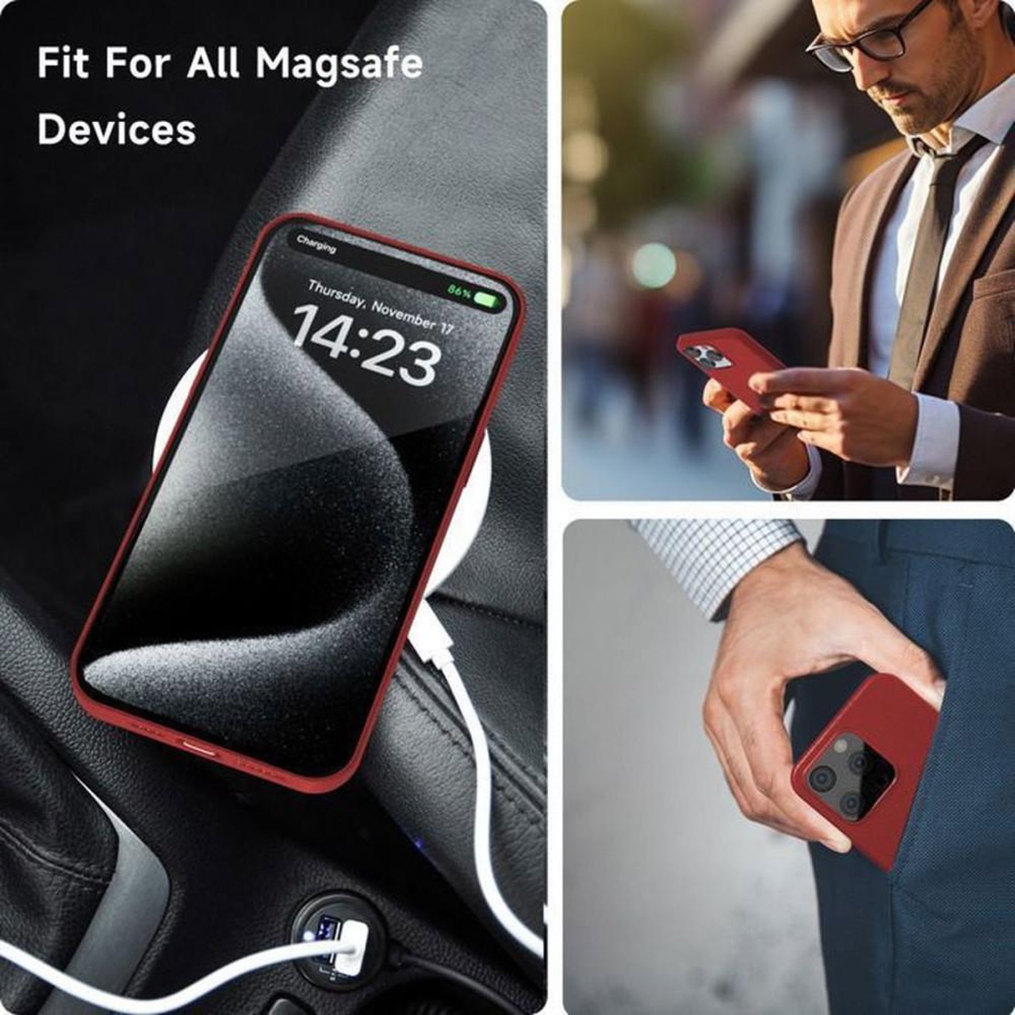 Voir la diapositive 4 : Coque hybride cuir et TPU pour iPhone 15 Pro Max 6,7  compatible MagSafe, rouge, finition grainée