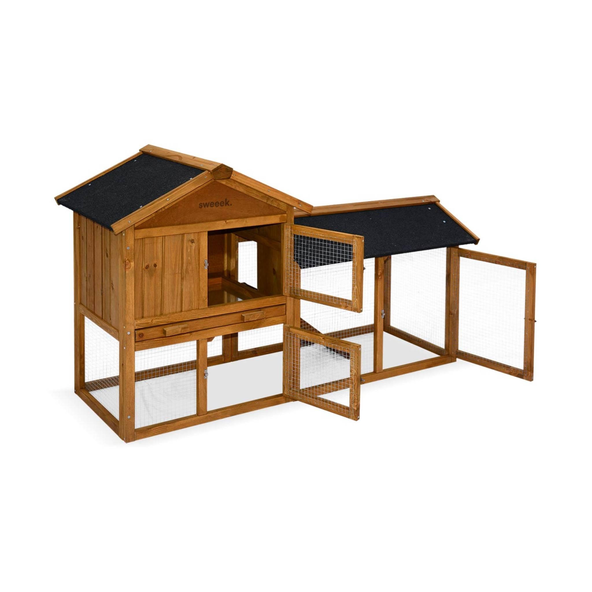 Voir la diapositive 1 : SWEEEK Clapier en bois Hotot pour lapin et autres rongeurs. 4 lapins. cage à lapin avec enclos. espace intérieur et extérieur. poulailler