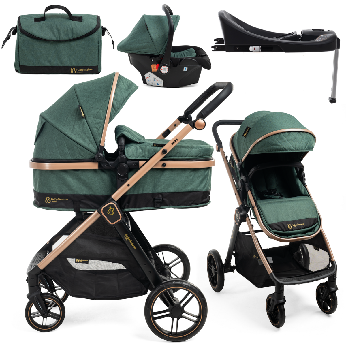 BEBELISSIMO Poussette combinée trio 3 en 1 - siège auto 0+ IRIS – nacelle – base Isofix - jambe de force – jusqu'à 22kg  - vert