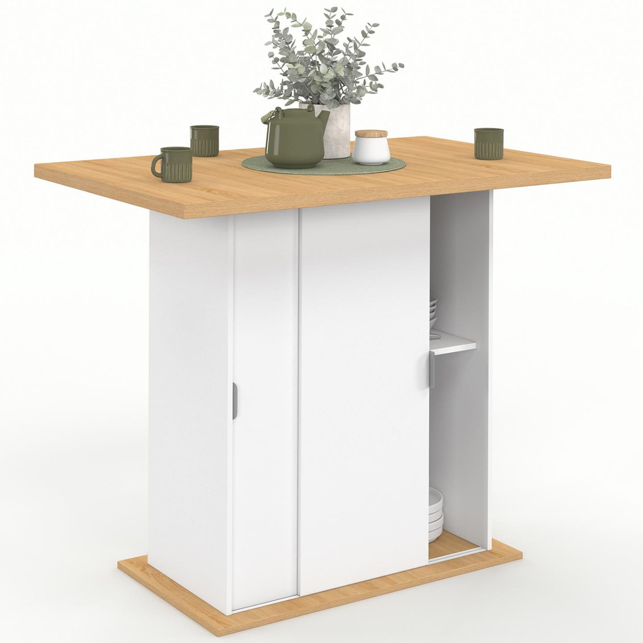 ID MARKET Ilot central 4 personnes paxton 110 cm pied central avec rangement bois blanc avec plan de travail façon hêtre