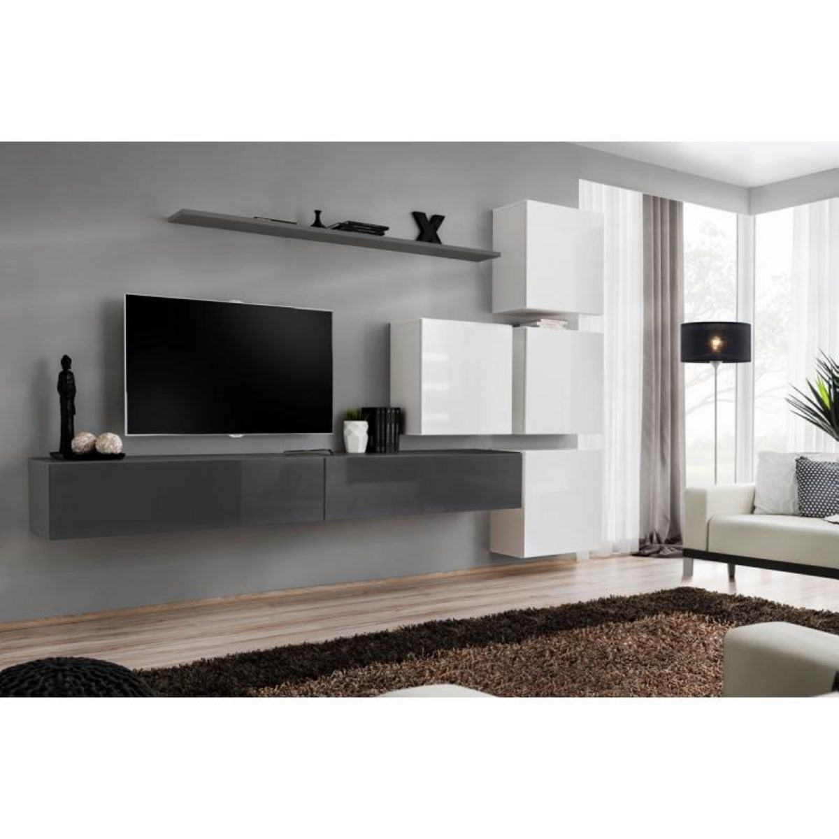 Paris Prix Meuble TV Mural Design  Switch IX  310cm Gris & Blanc