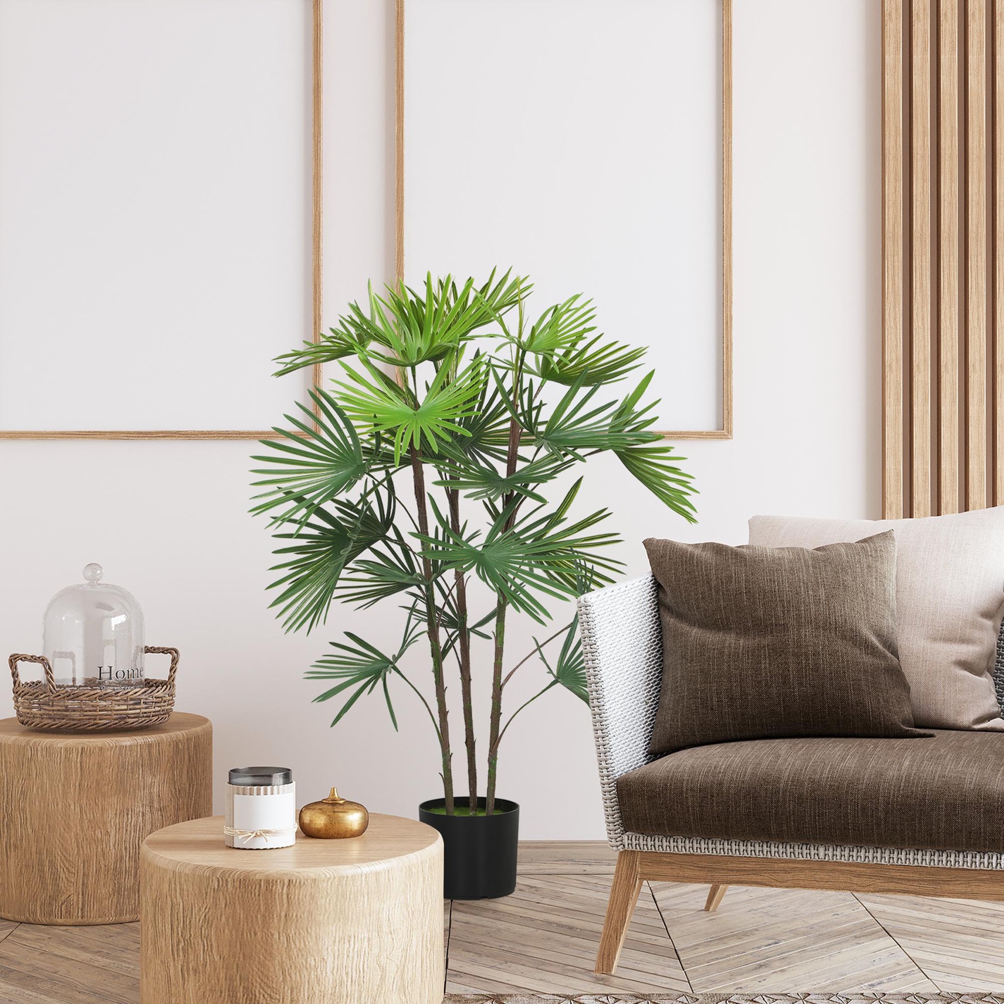 Voir la diapositive 4 : HOMCOM Palmier artificiel - plante artificielle H.90cm - 3 pieds 24 feuilles grand réalisme - pot inclus