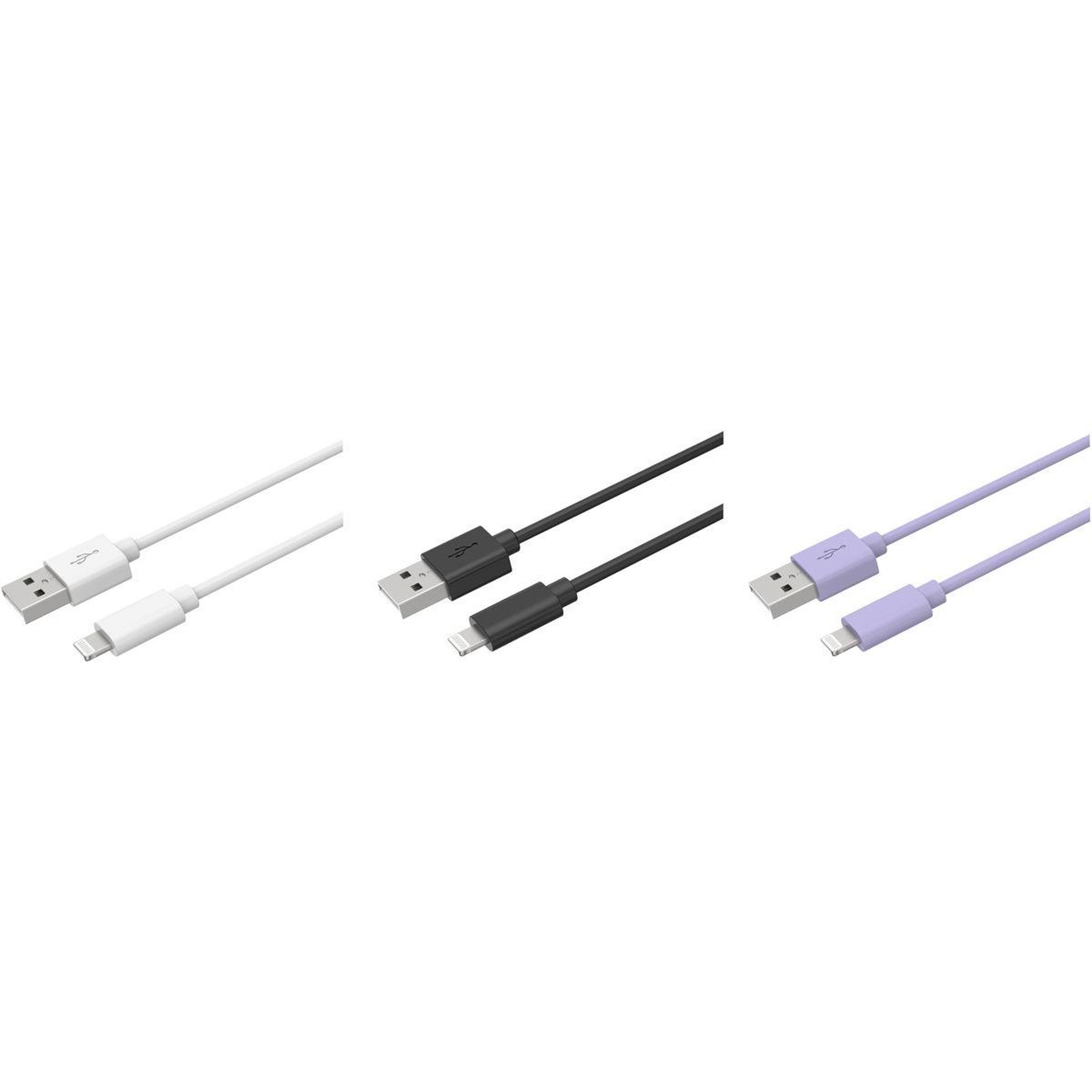 Voir la diapositive 3 : ESSENTIEL B Câble Lightning pack 3 câbles USB 1M Blanc/Noir/Mauve