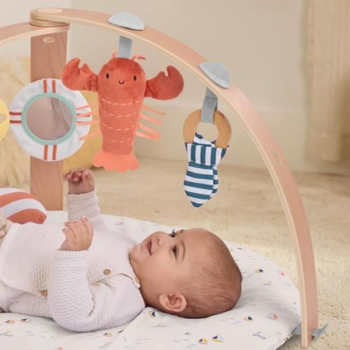 MARKET24 INGENUITY Tapis d'éveil réversible bébé évolutif - Marin - pliable, arche de jeu en bois amovible, 5 jouets, miroir, coussi