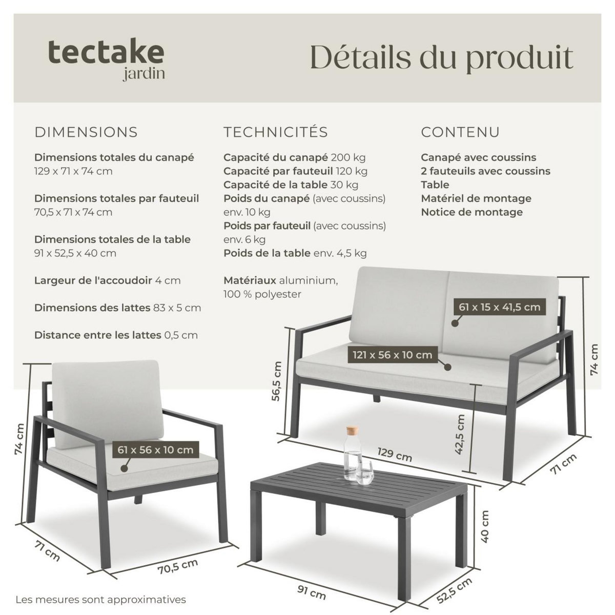tectake Salon de jardin avec cadre en aluminium, pour 4 personnes gris clair