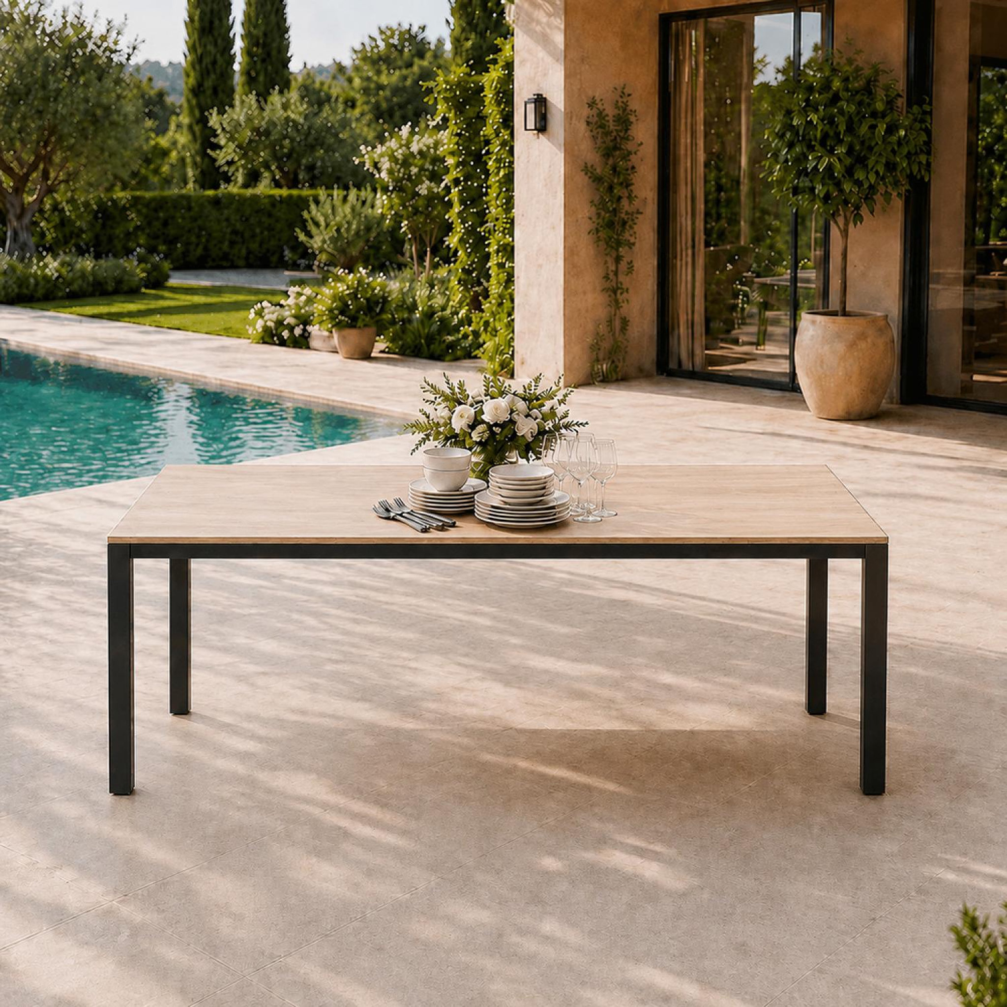 Voir la diapositive 6 : CONCEPT USINE Table de jardin 190cm 8 personnes avec plateau en verre trempé effet bois brisbane