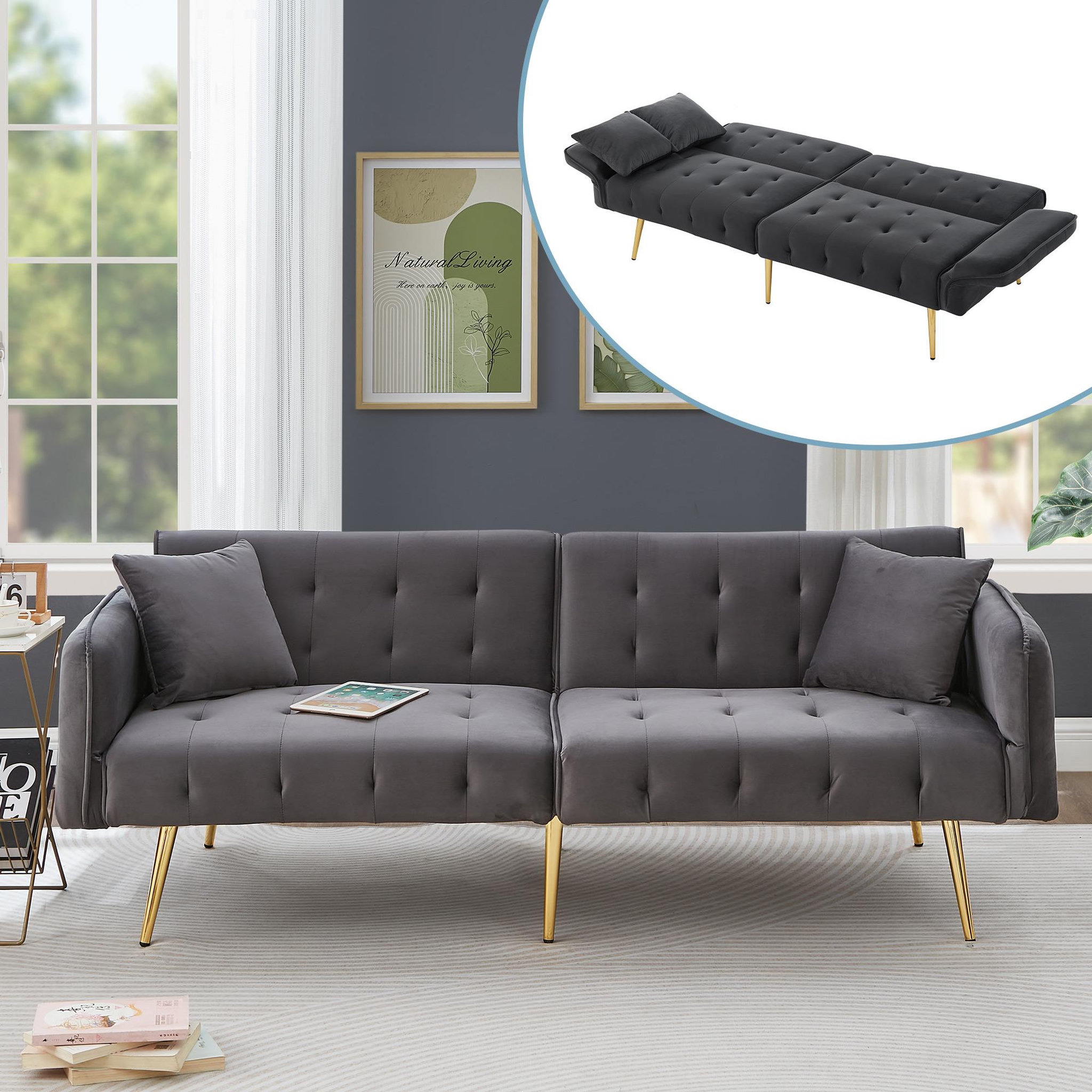 Voir la diapositive 2 : MERAX Canapé droit convertible 2 pl velours