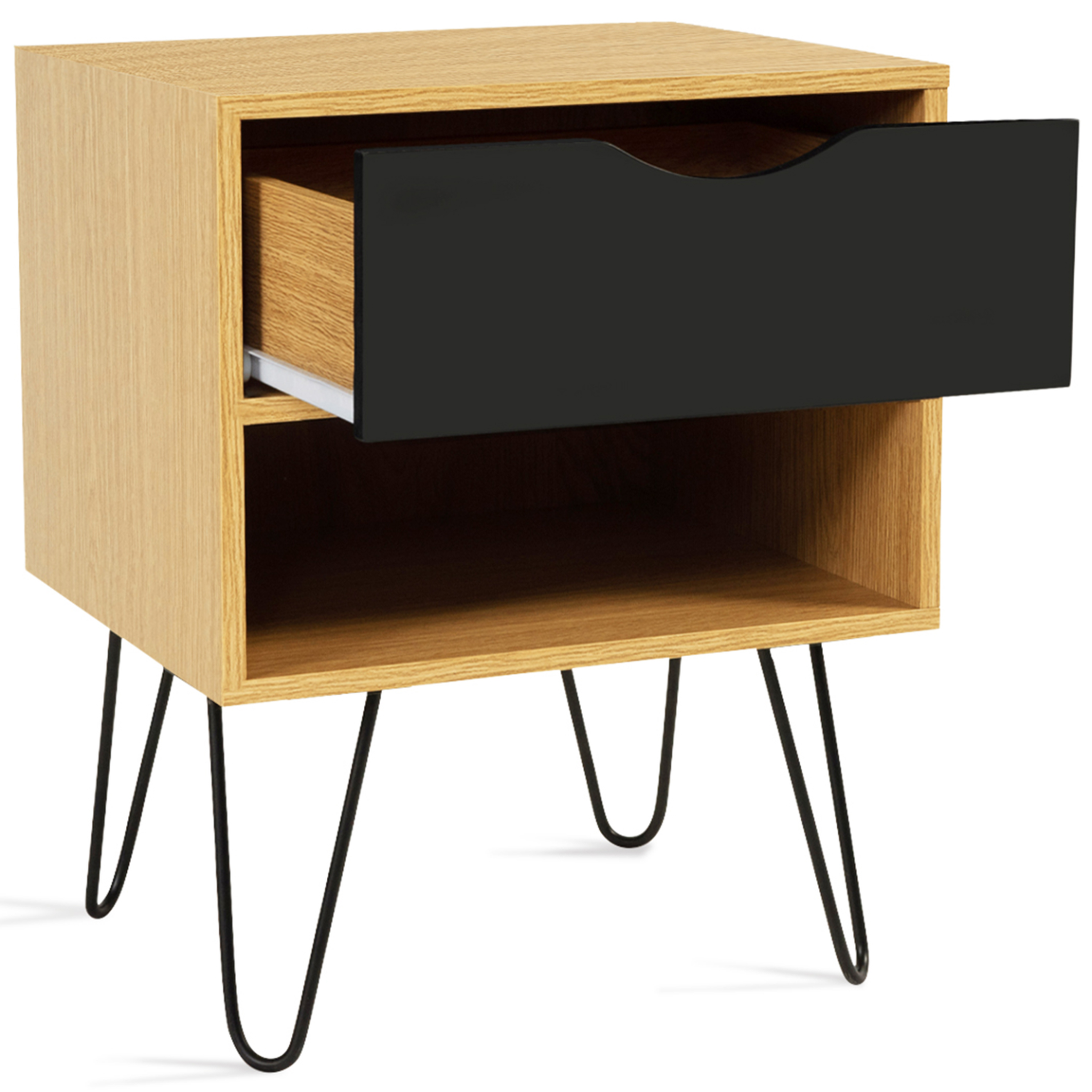 Voir la diapositive 4 : ID MARKET Lot de 2 tables de chevet noemi 1 tiroir avec niche bois pied épingle