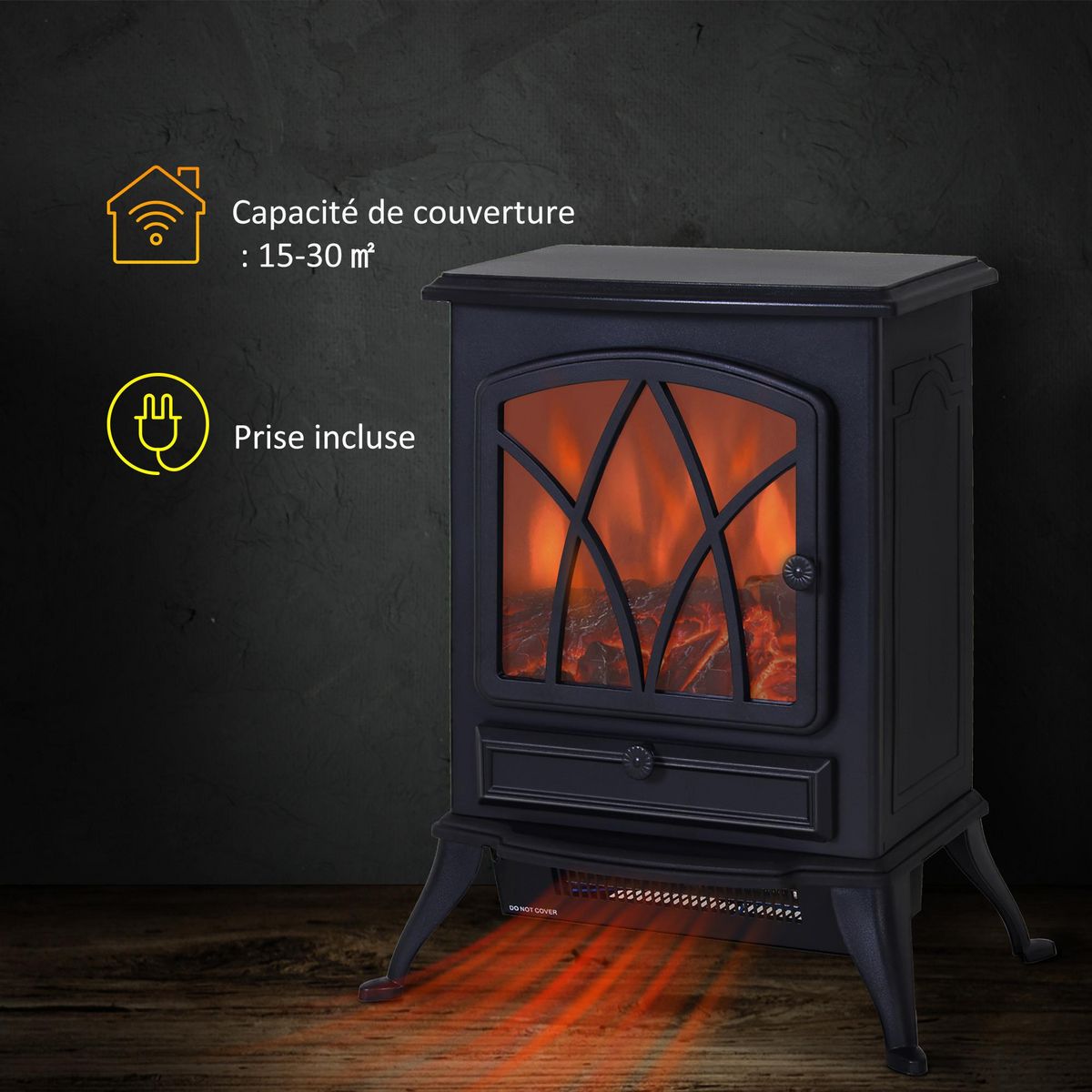 HOMCOM Cheminée électrique poêle style rétro thermostat 1000-2000 W noir