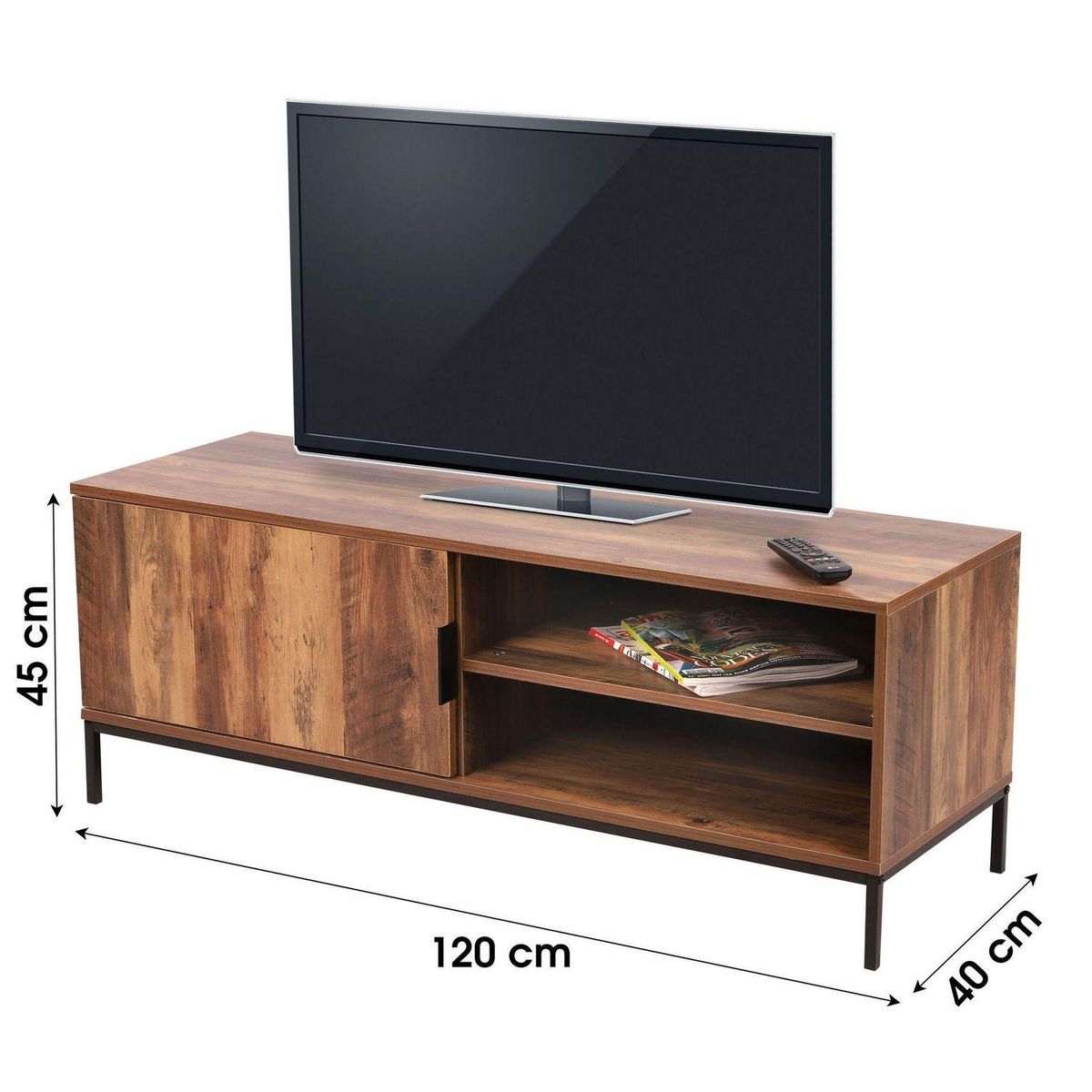 TOILINUX Meuble TV Joya avec 1 porte et 2 niches de rangement - Bois foncé et noir