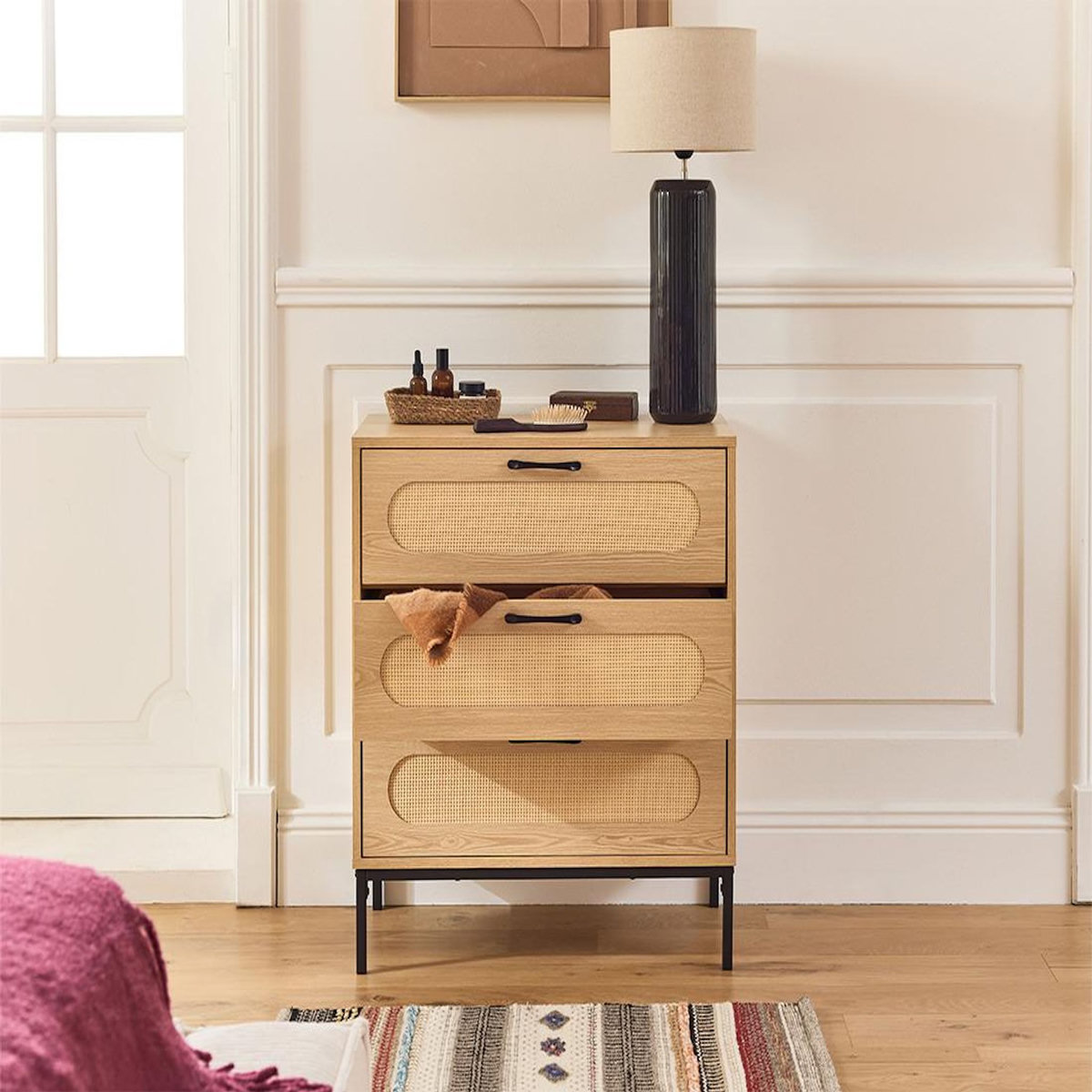 BEST MOBILIER Nagato - commode - cannage et effet bois - 70 cm