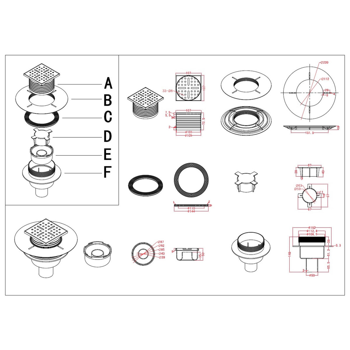 Aurlane Bonde à sortie VERTICALE pour bac receveur de douche à carreler RAINY et HIGH RAINY