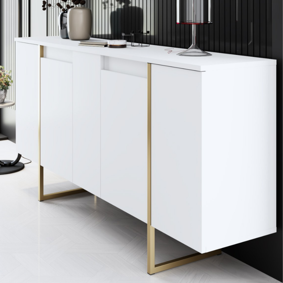 CONCEPT USINE Buffet design blanc et or 160 cm - 4 portes LUXOR