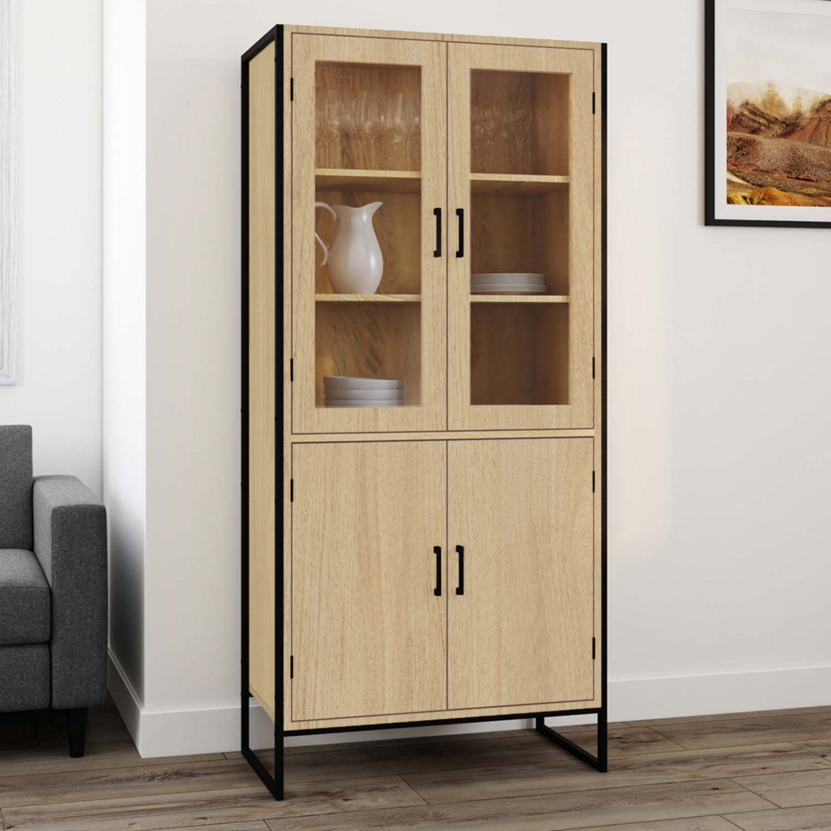 ID MARKET Vitrine buffet haut H. 176 cm vaisselier DETROIT 4 portes design industriel