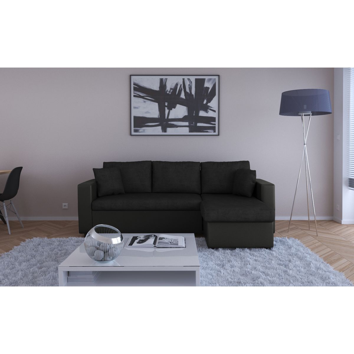  Canapé d'angle 3 places réversible et convertible MATHILDE coloris noir 