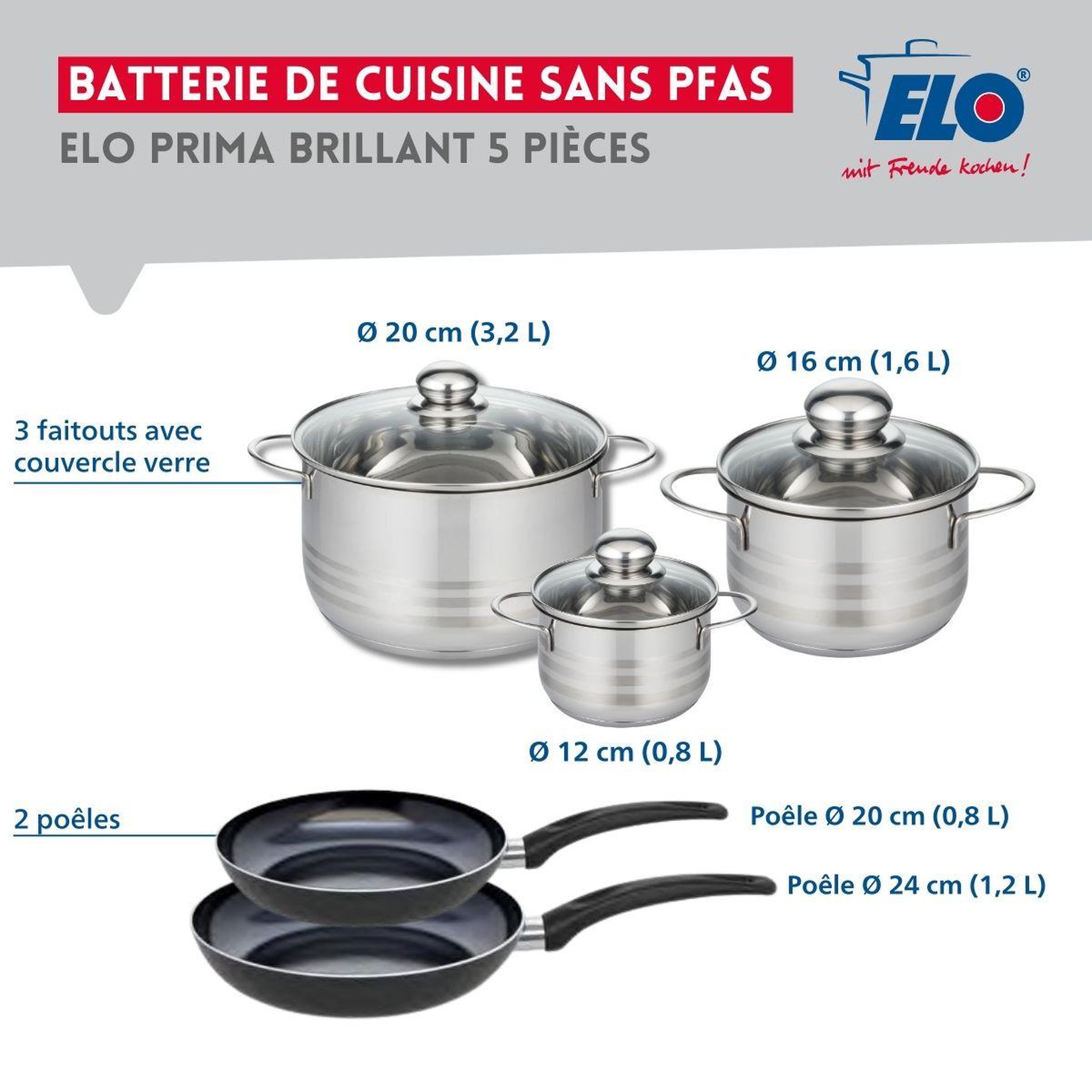 Voir la diapositive 2 : ELO Ensemble de 2 poêles de cuisson 20 et 24 cm et 3 faitouts 12, 16 et 20 cm elo prima brillant