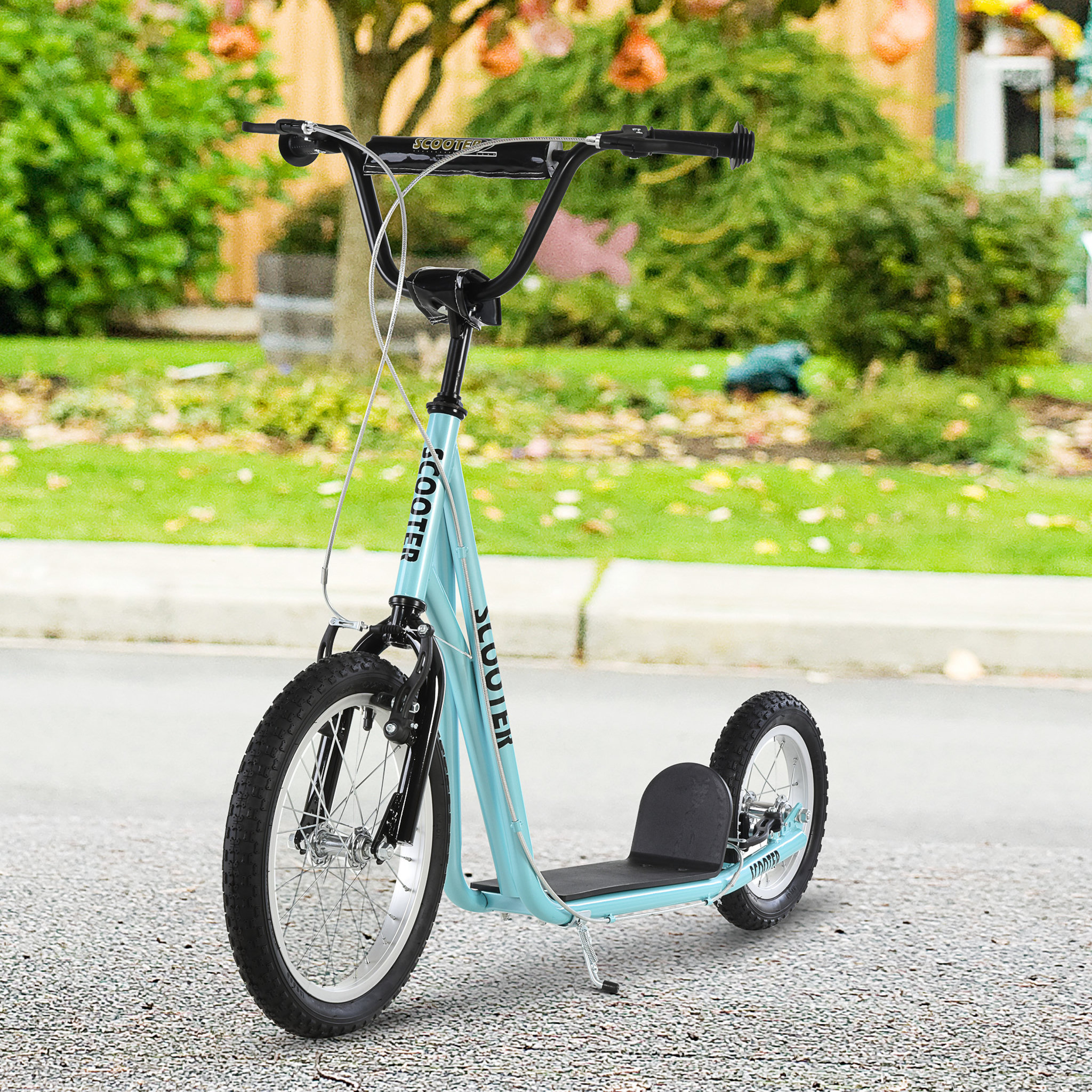 Voir la diapositive 2 : HOMCOM Trottinette patinette freestyle grandes roues pneumatiques Ø 40 et 30 cm hauteur guidon réglable frein AV/AR béquille acier bleu ciel noir