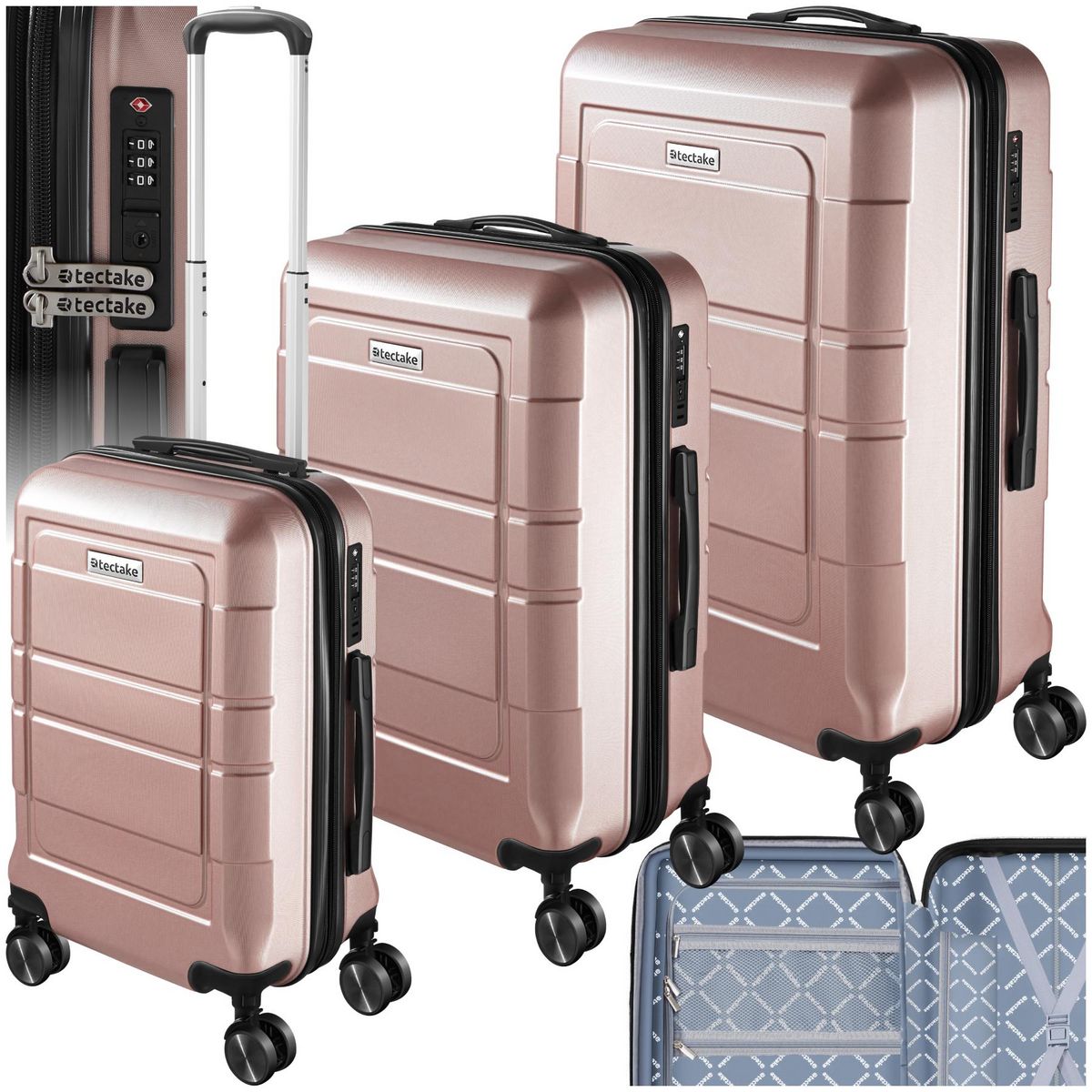 tectake Set de valises de voyage 3 pièces en plastique ABS robuste avec revêtement en polycarbonate or rose