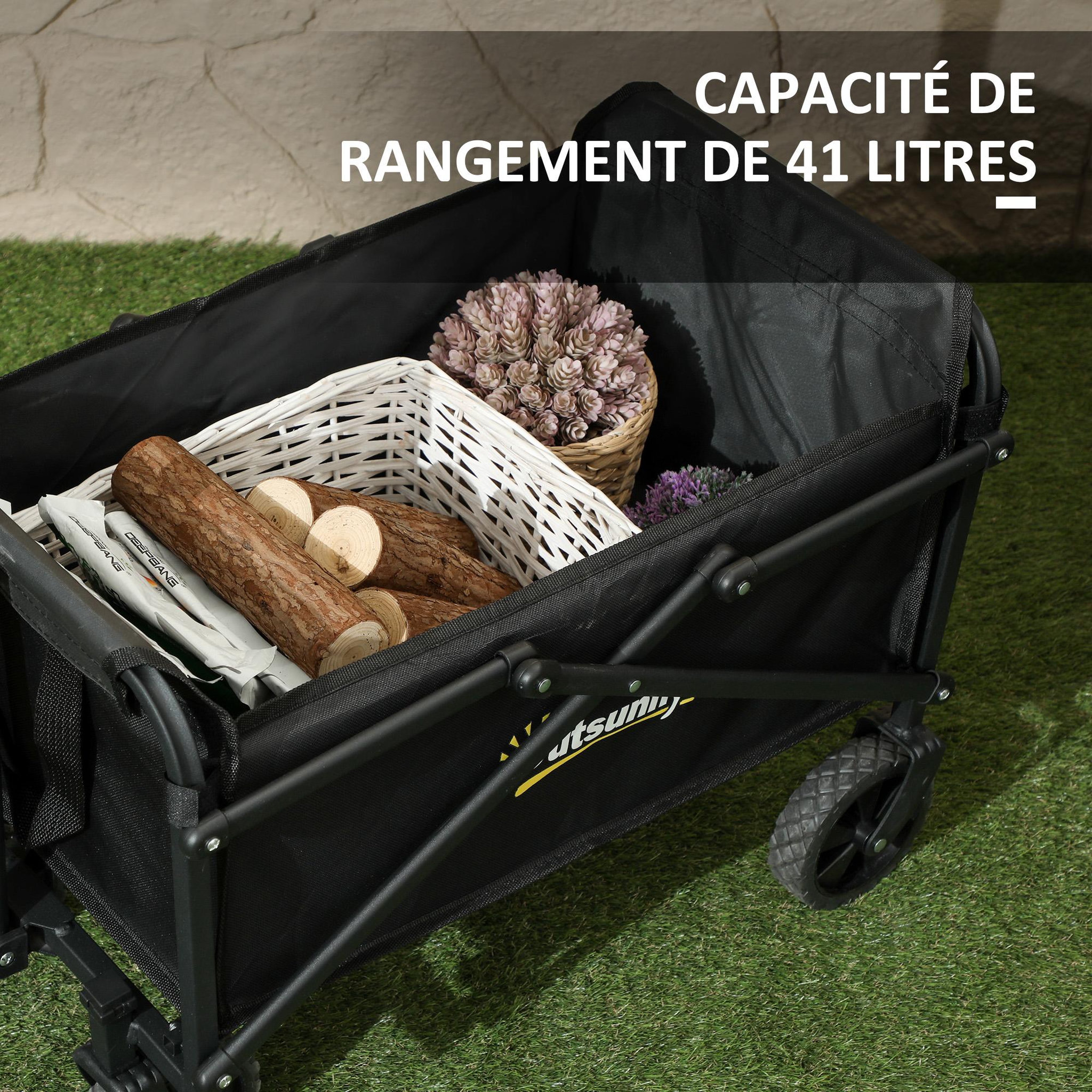Voir la diapositive 4 : OUTSUNNY Chariot de jardin pliable 60 kg max. Poignée télescopique réglable métal oxford noir