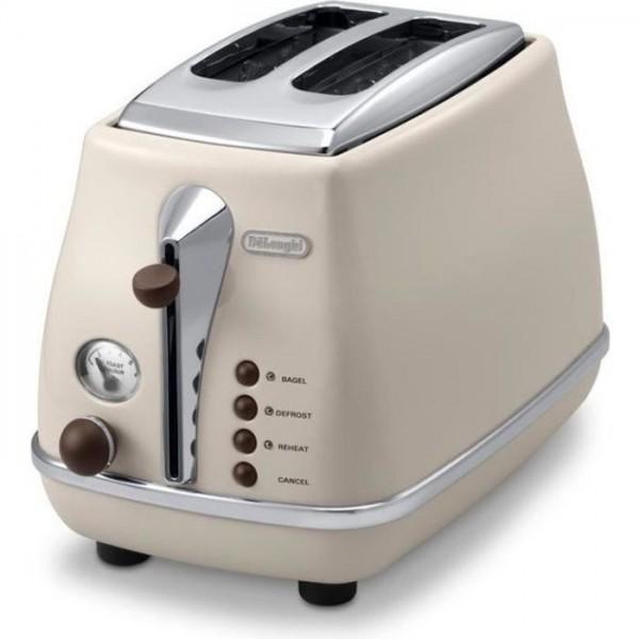 DELONGHI Grille Pain - Toaster Electrique  - Delonghi - Icona Vintage - 2 tranches - 6 positions - Beige brillant / Base et poignée Chocolat