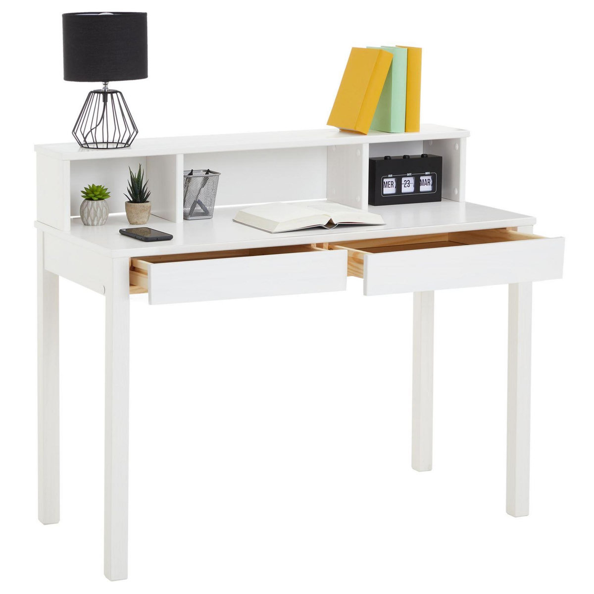 IDIMEX Bureau LENNOX, avec 2 tiroirs et 3 niches, en pin massif