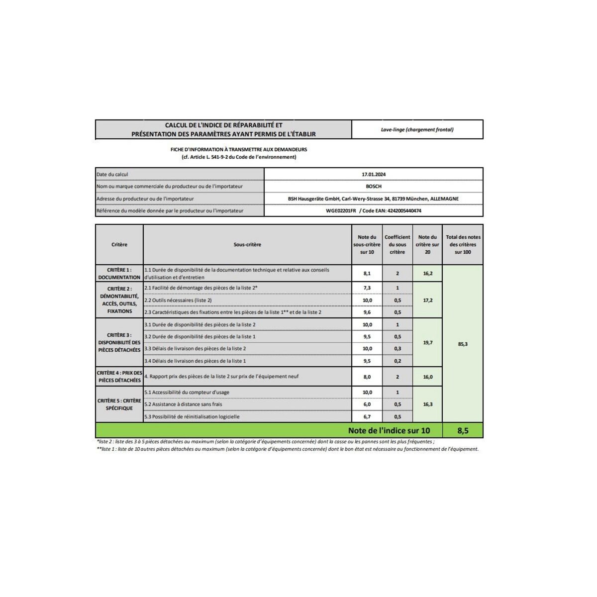 BOSCH Lave-linge frontal 7 kg 1200 tours/min - WGE02201FR