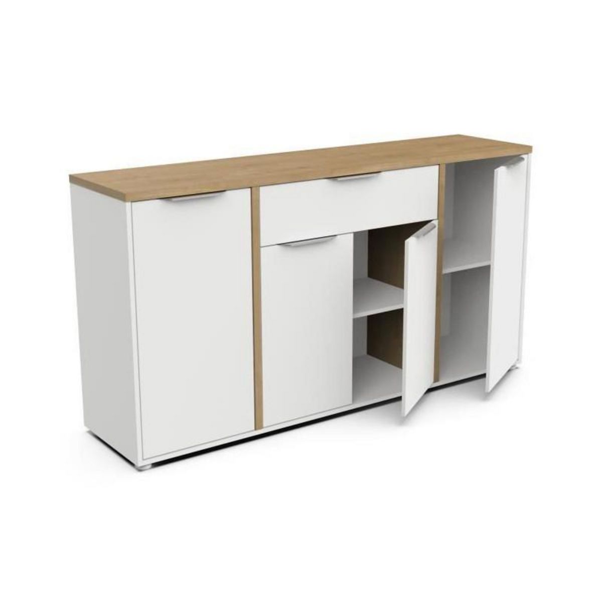 Demeyere Ensemble Salon ACCESS : Table basse + Banc TV + Enfilade 4 portes - Decor chene Hamilton et blanc