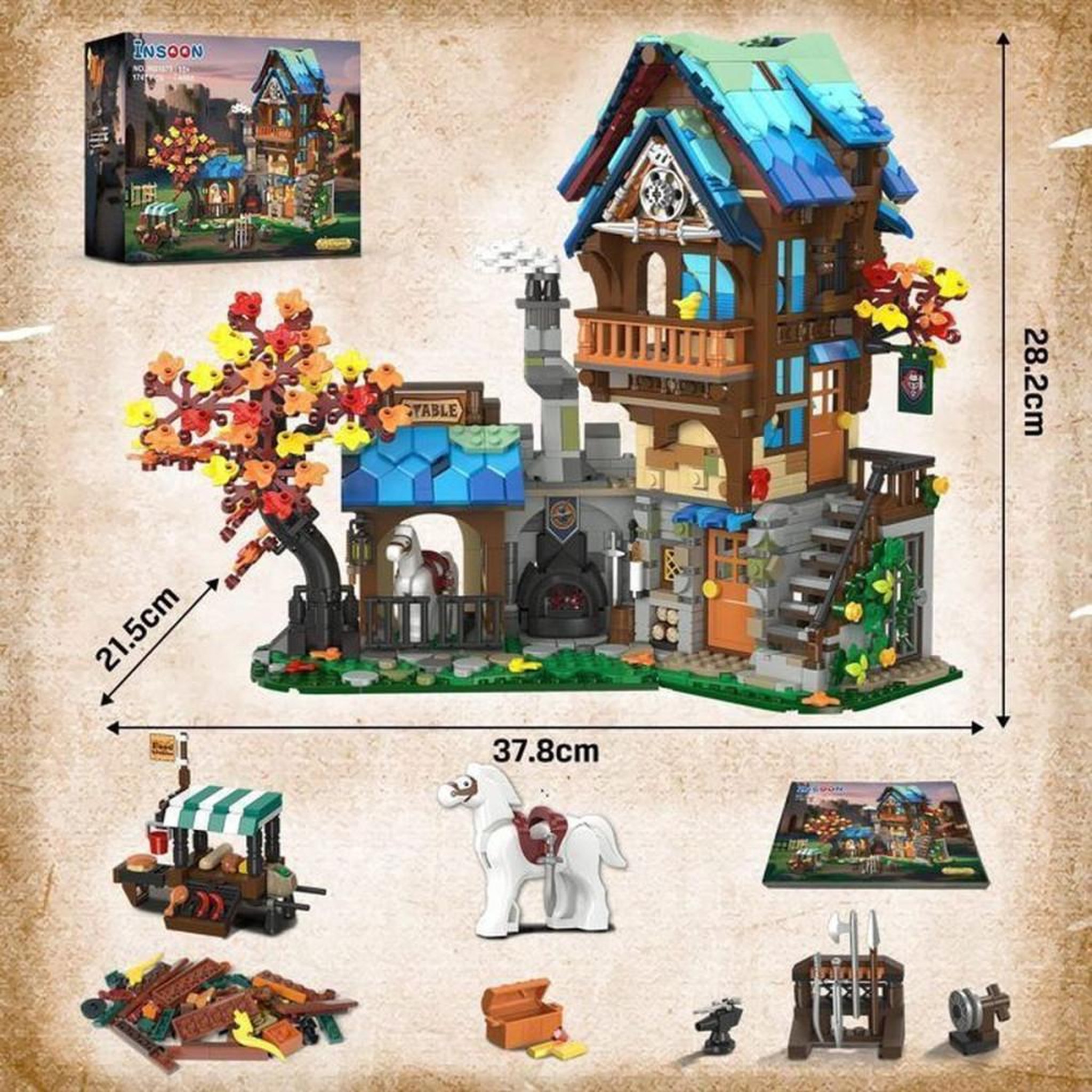 Voir la diapositive 5 : Coffret de construction médiéval INSOON 1747 pièces, avant-poste avec 4 LED, toit amovible et décors détaillés 12+