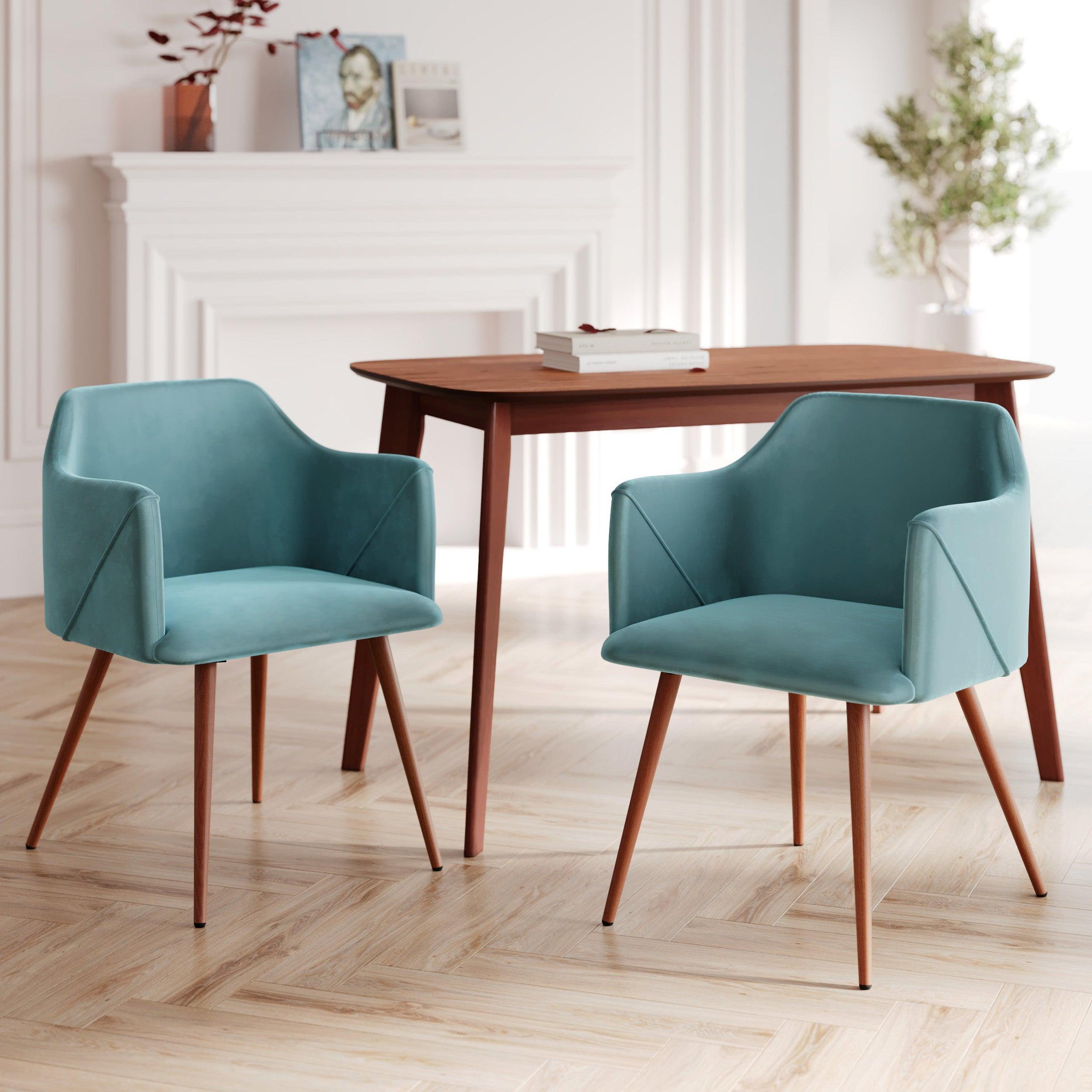 Voir la diapositive 2 : MAISON PAVANE Lot de 2 chaises avec accoudoirs en velours bleu-daisy