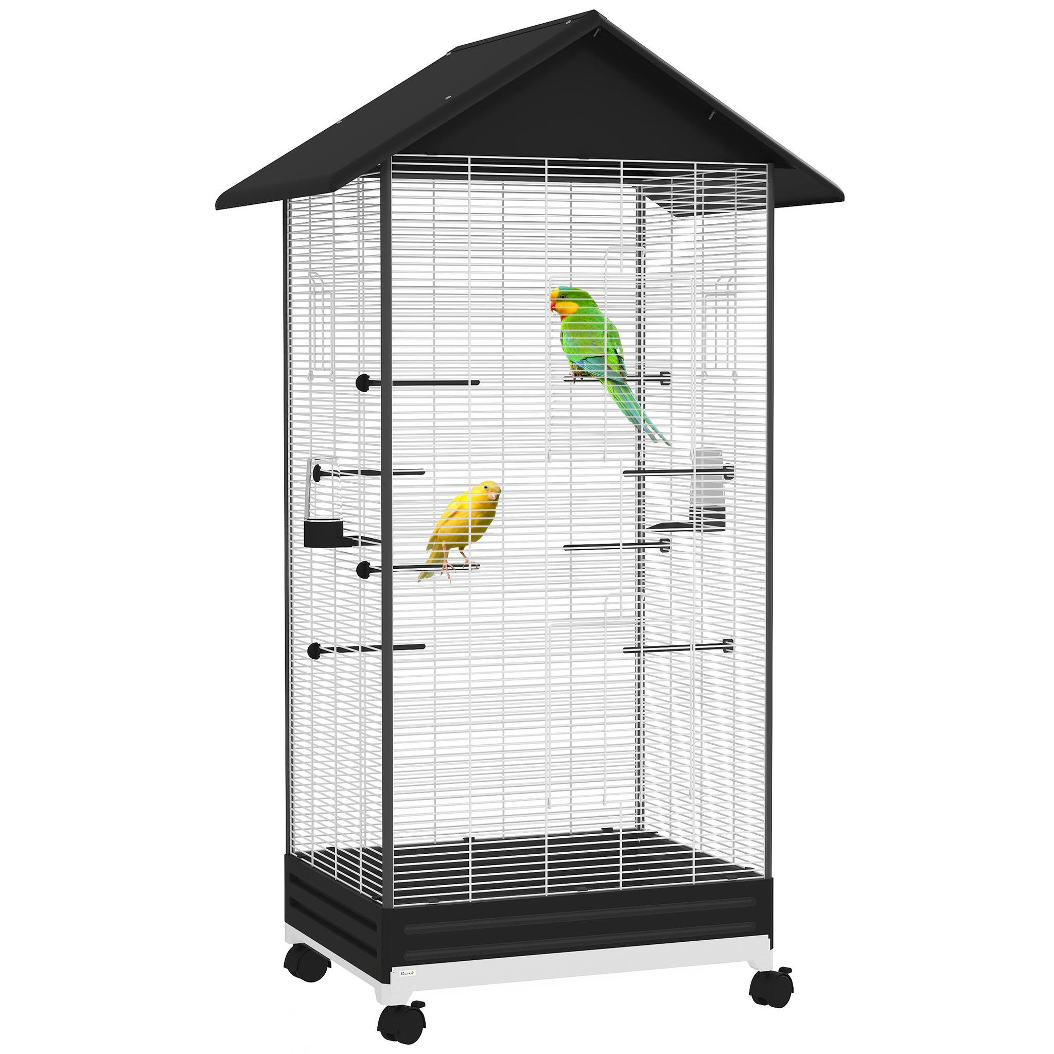 PAWHUT Cage oiseau sur roulettes - grande volière - plateau dejection amovible, mangeoires, perchoirs, portes - blanc noir