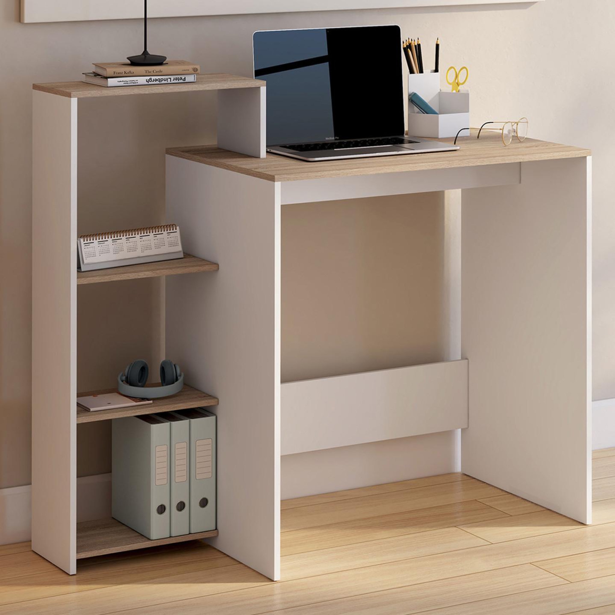 Voir la diapositive 2 : ID MARKET Bureau avec étagères modulables latérales lilian bois façon hêtre et blanc