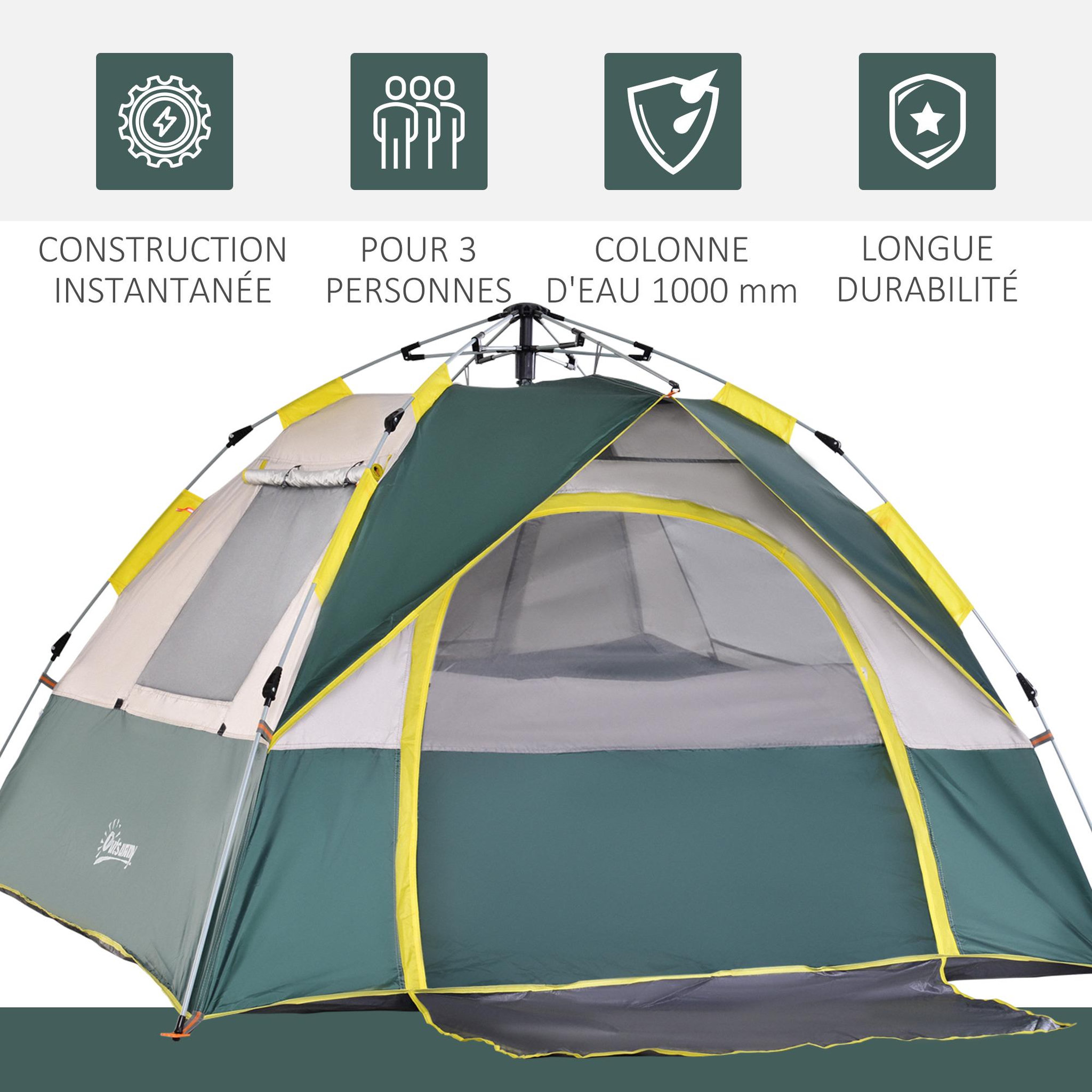 Voir la diapositive 4 : OUTSUNNY Tente de camping pop up 3 personnes porte 3 fenêtres sac de transport inclus fibre verre polyester pe jaune gris vert
