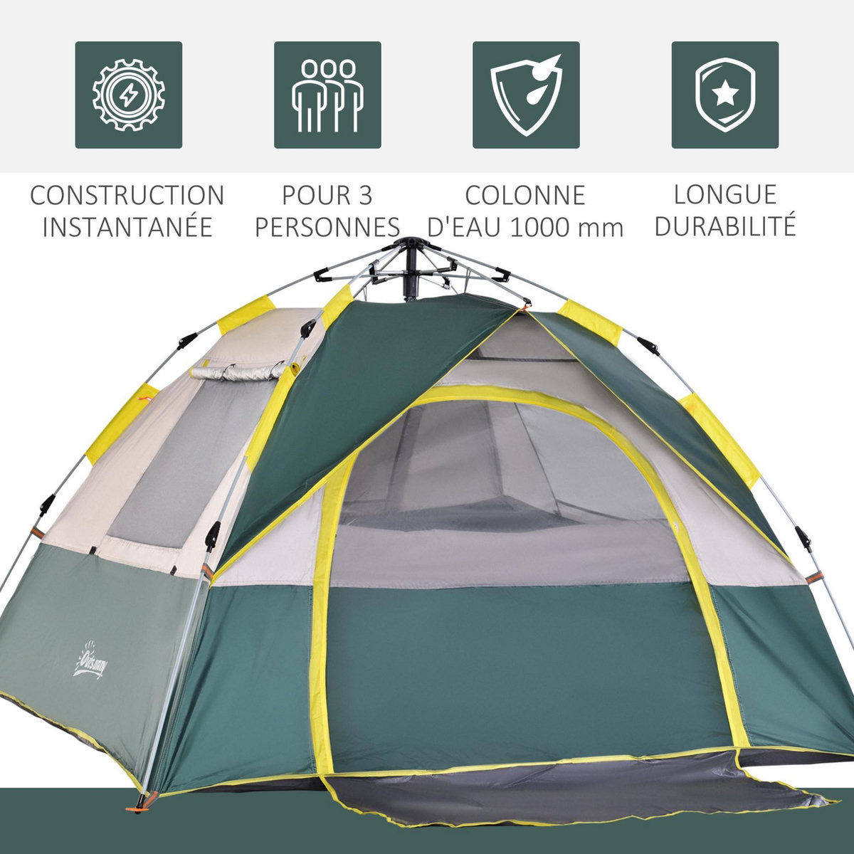 OUTSUNNY Tente de camping pop up 3 personnes porte 3 fenêtres sac de transport inclus fibre verre polyester PE jaune gris vert