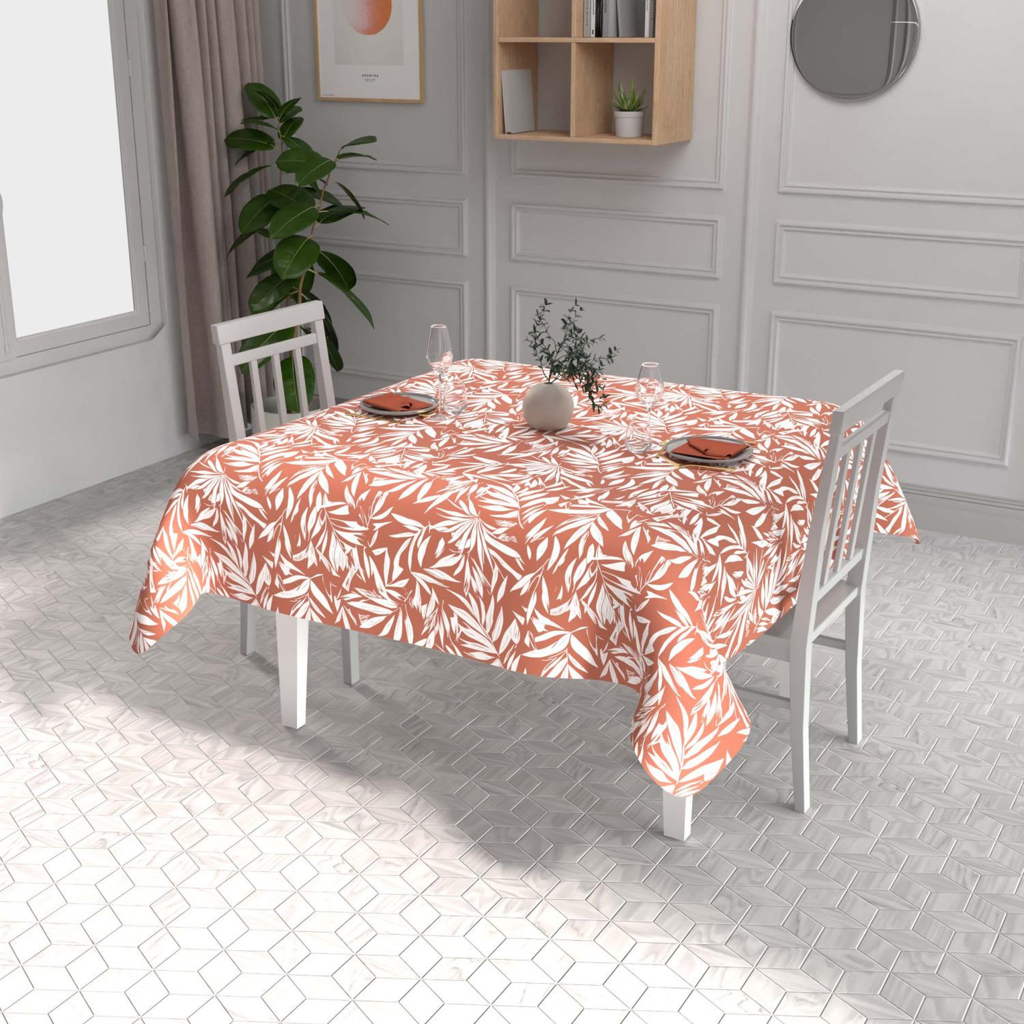 SOLEIL D'OCRE Nappe imprimée anti-tâches FLOREA, par Soleil d'Ocre. Coloris disponibles : Orange