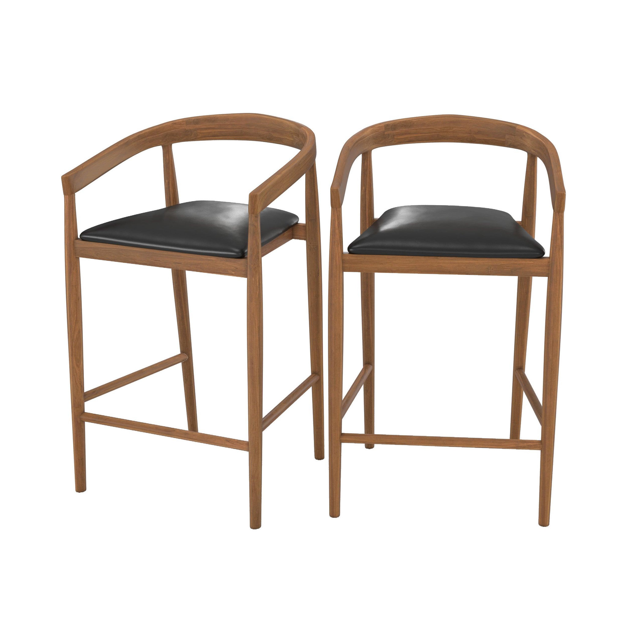MAISON PAVANE Lot de 2 chaises de bar 77 cm en teck vernis et assise en cuir noir-bali