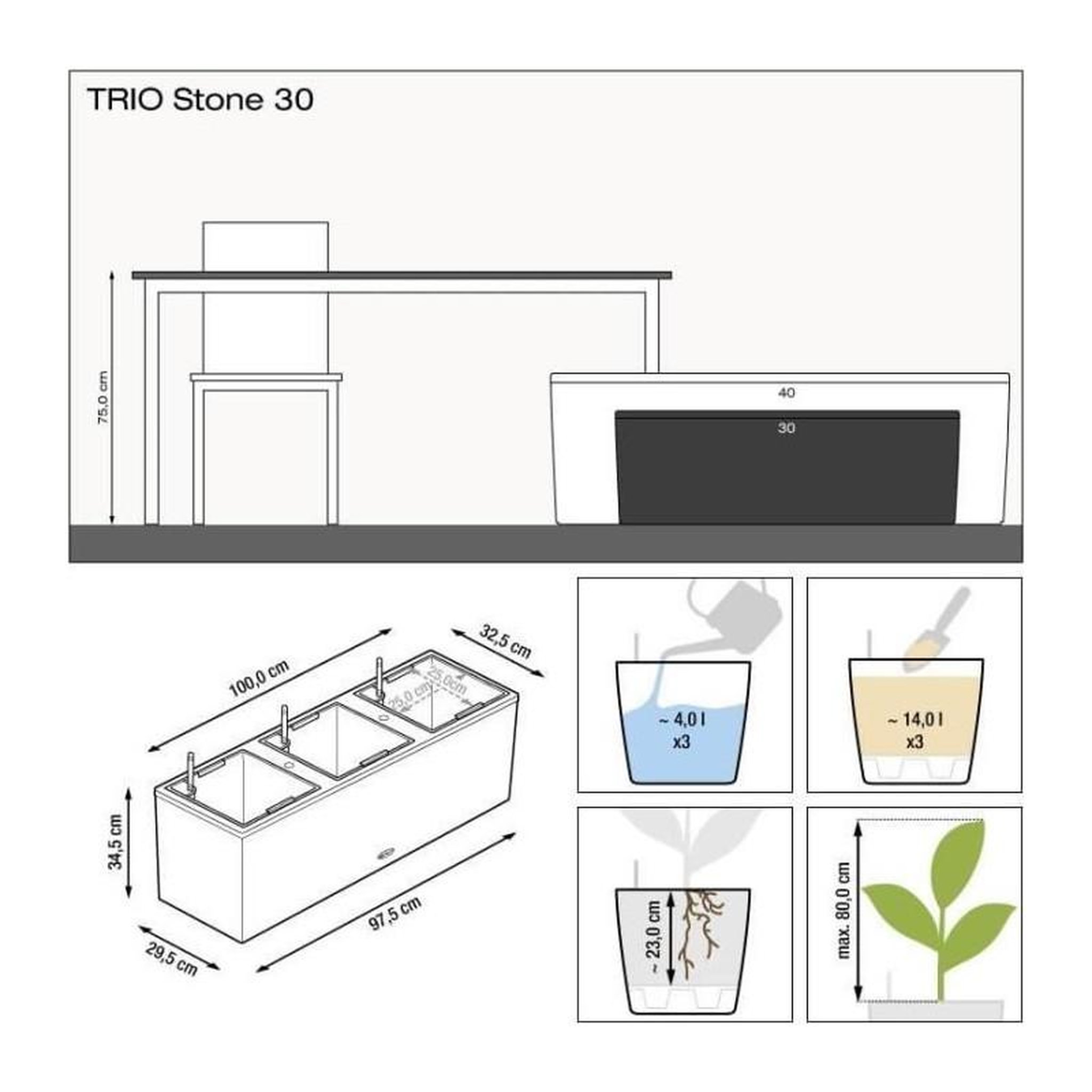 Voir la diapositive 3 : LECHUZA Jardiniere LECHUZA Trio Stone 30 - kit complet, gris pierre - Avec réserve d'eau - Plastique - Rectangulaire